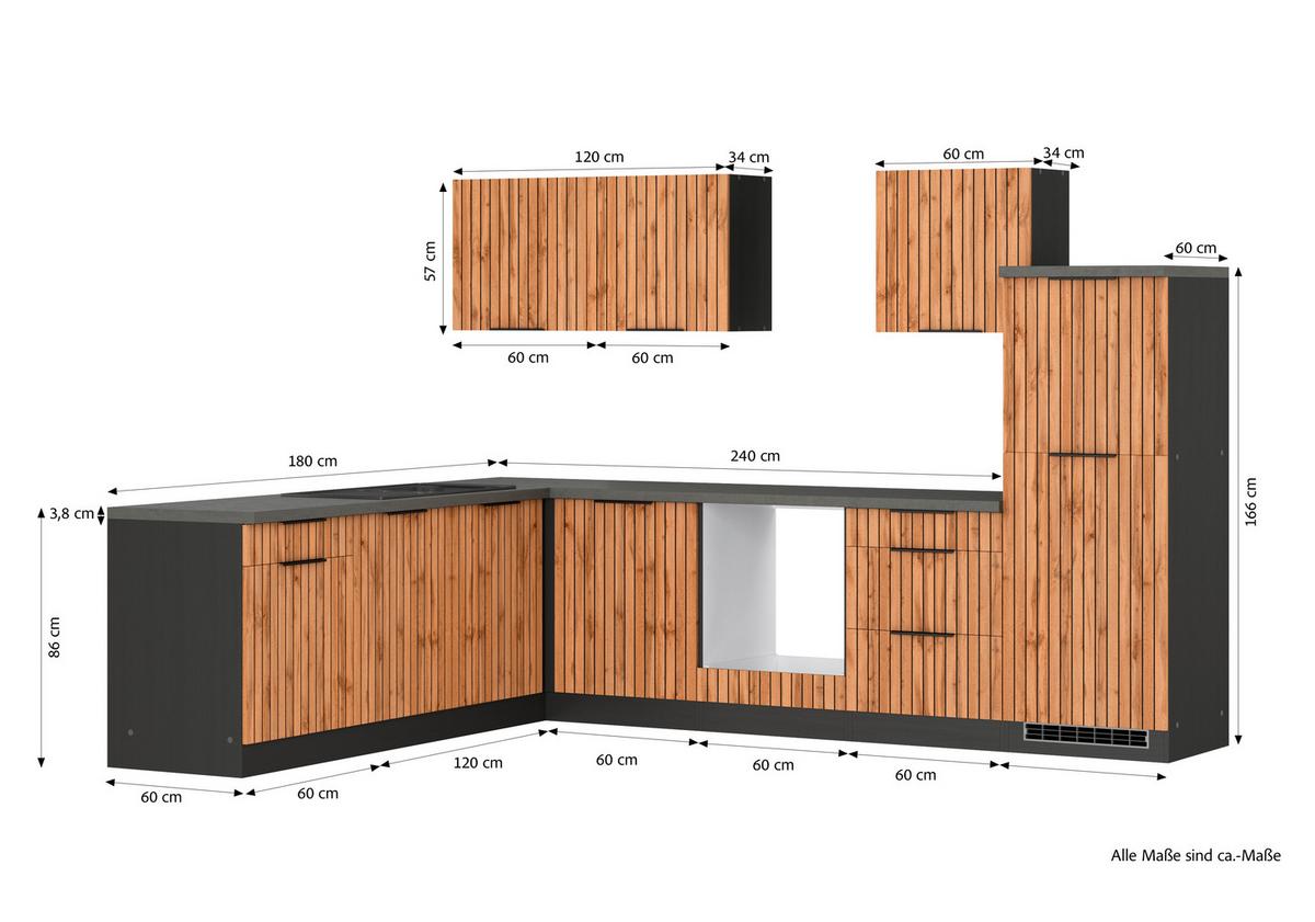 Eckküche Liverpool o. Geräte ca. 300x240cm Eiche Wotan - Schieferfarben/Eiche Wotan, Basics, Holzwerkstoff/Metall (300/240cm) - Held