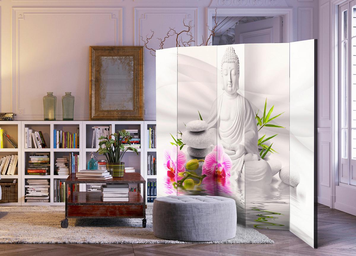 Paravan Buddha And Orchids I, 5-Delni, Dvostranski - pink/svetlo siva, Basics, tekstil/les (225/172/3cm) - artgeist