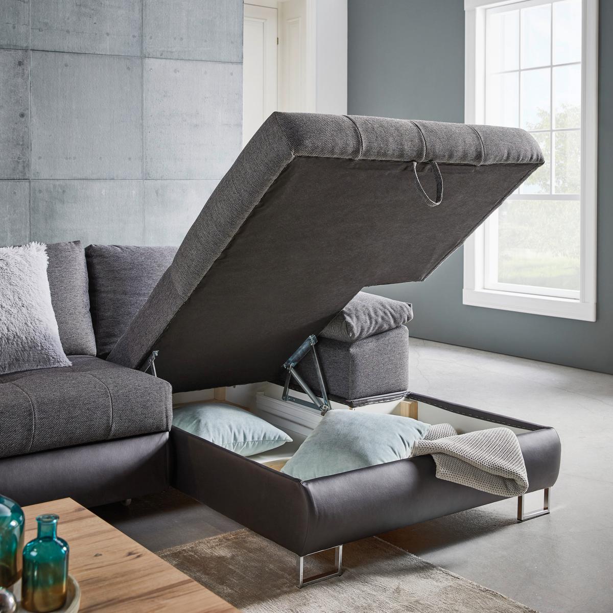 Wohnlandschaft Focus Grau mit Bettfunktion - Chromfarben/Dunkelgrau, KONVENTIONELL, Kunststoff/Textil (268/91/170cm) - Mömax