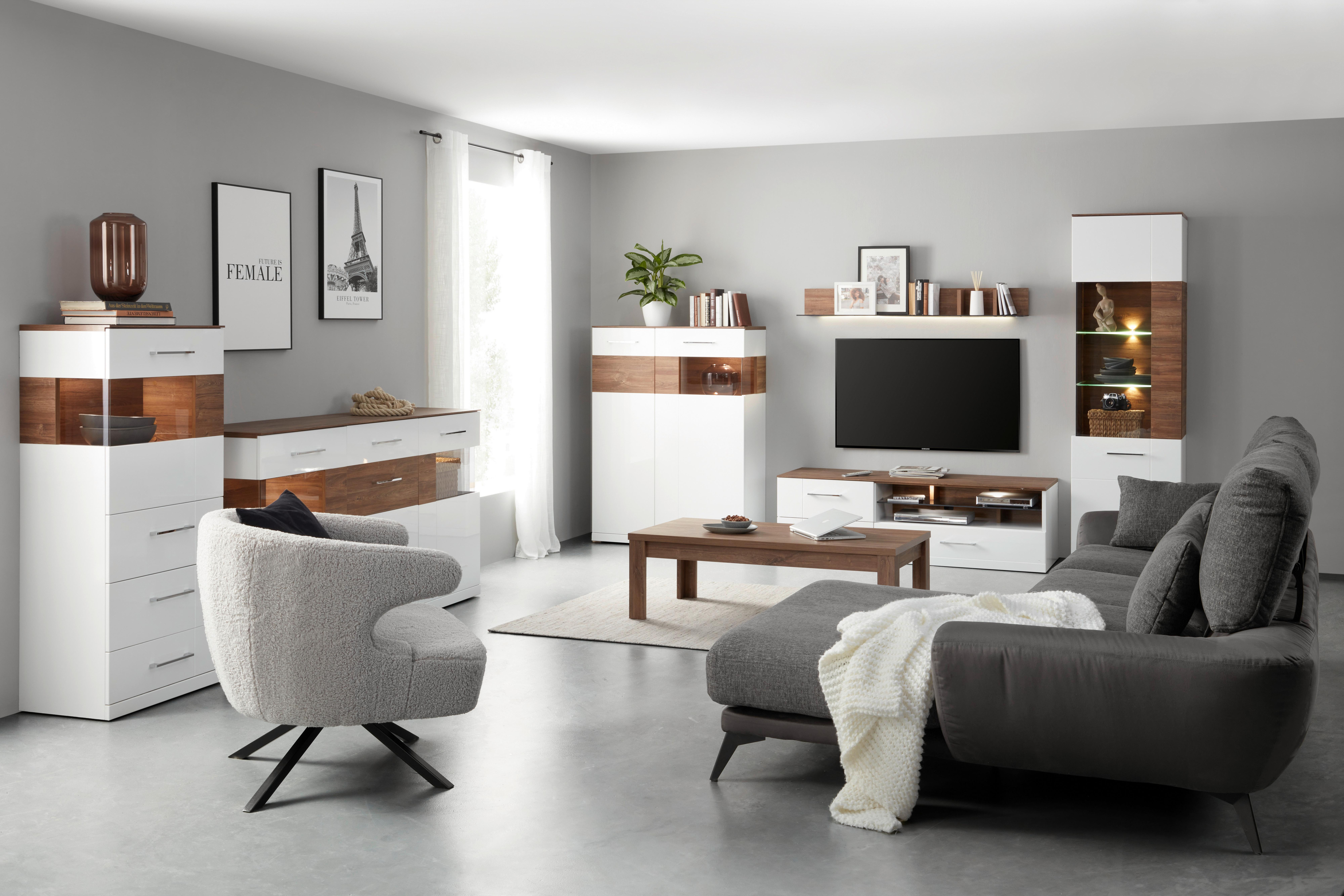 TV-Element in Weiß Hochglanz - Weiß/Akaziefarben, Design, Holz (160/49/50cm) - Premium Living