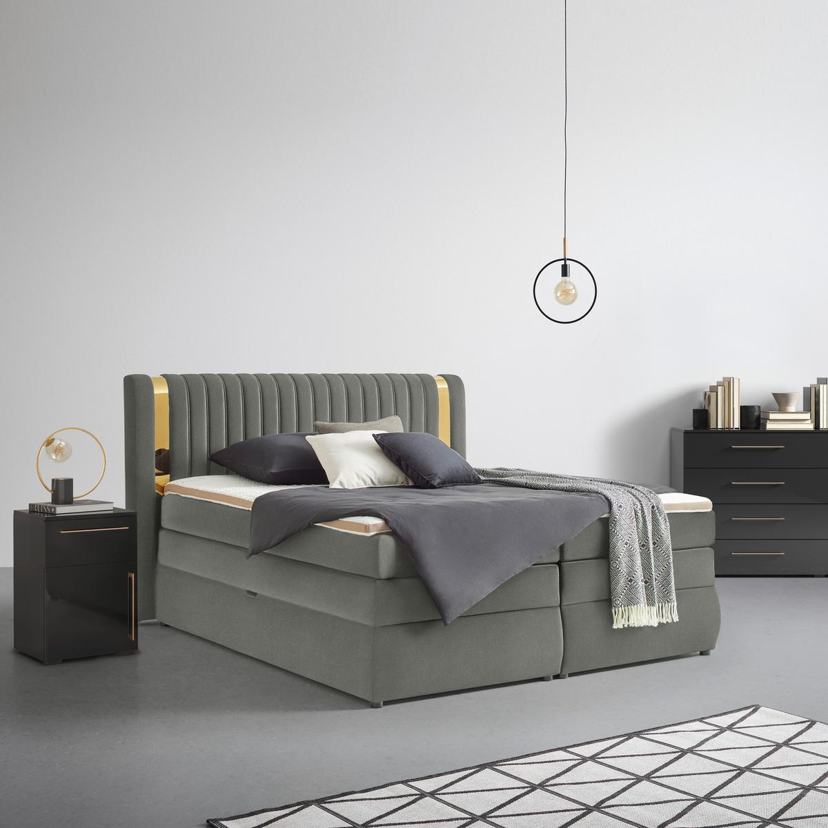 Boxspringbett Minola Gold Dunkelgrau ca. 160x200cm - Dunkelgrau/Schwarz, KONVENTIONELL, Kunststoff/Textil (160/200cm) - Premium Living