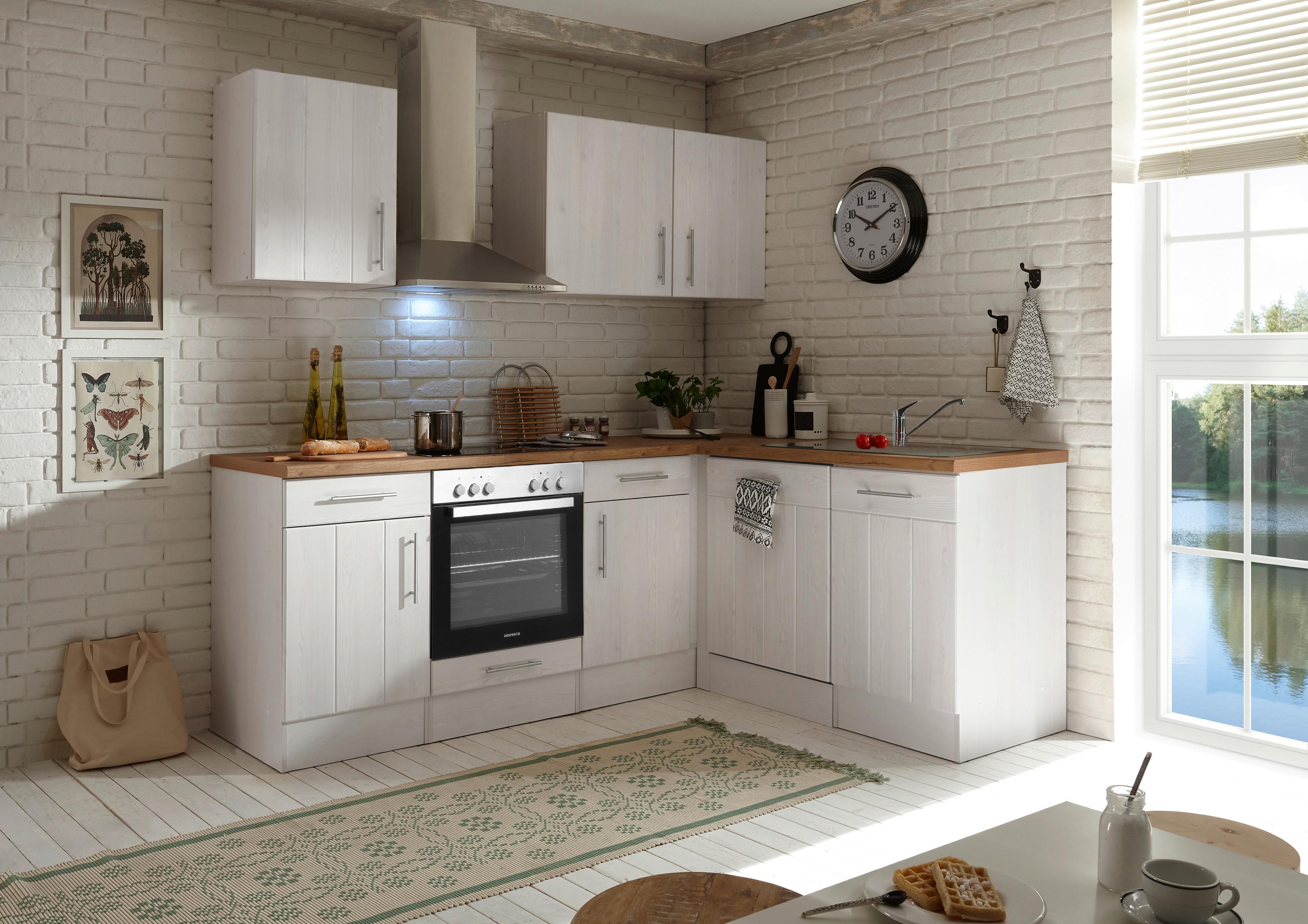 Eckküche Anton Landhaus ohne Geräte ca. 220x172cm Weiß - Wildeiche/Edelstahlfarben, Basics, Holzwerkstoff/Metall (220/172cm) - Respekta