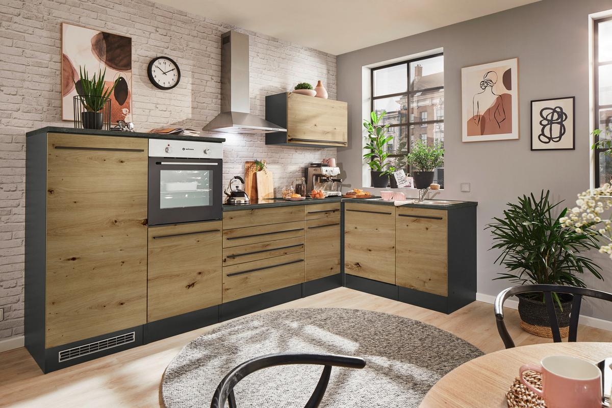 Eckküche Jazz mit Geräten ca.320x175cm Eiche/Anthrazit - Anthrazit/Schwarz, Basics, Holzwerkstoff/Kunststoff (320/175cm) - P & B