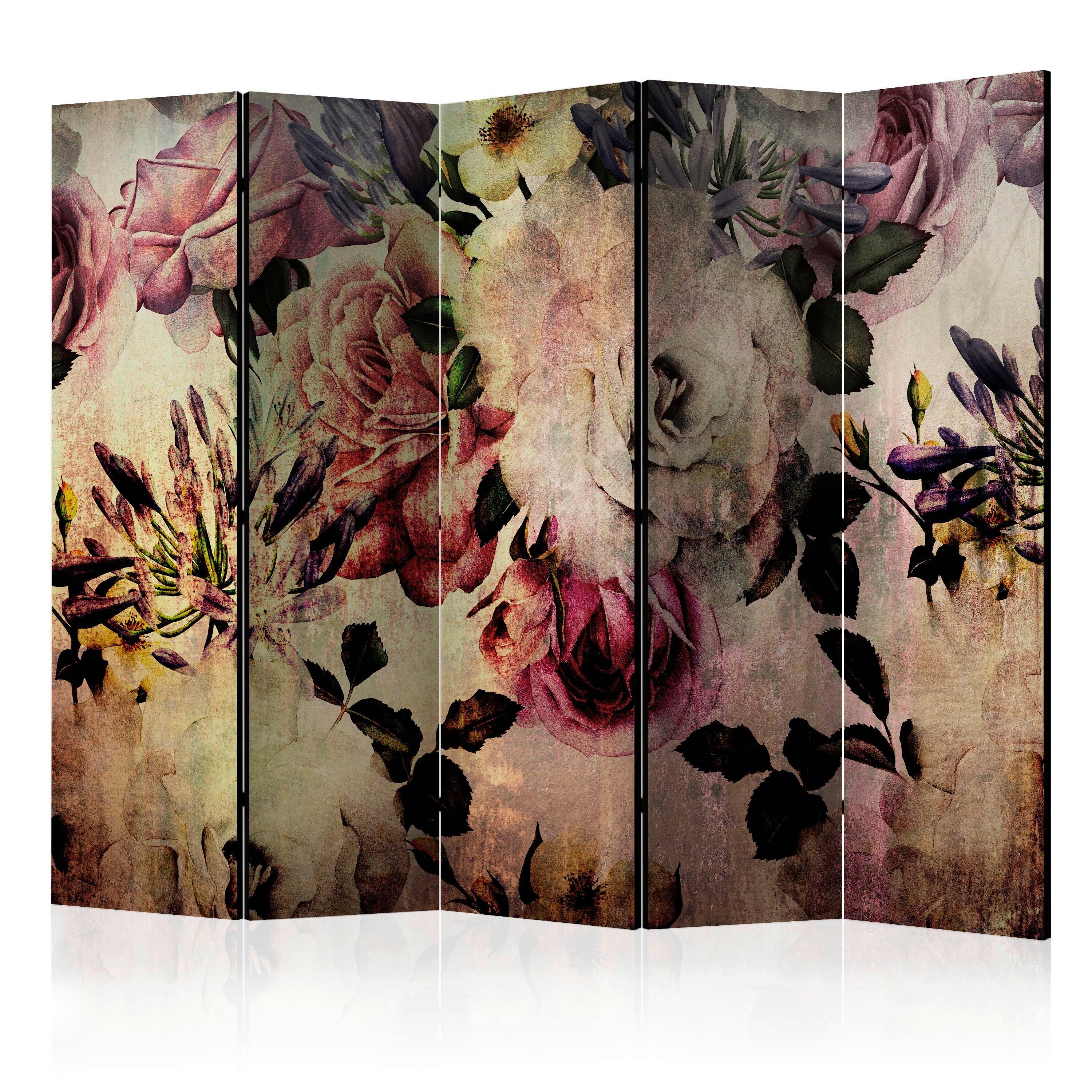 Paravan Nostalgia Flowers, 5-Delni, Akustičen - roza/bež, Basics, umetna masa/tekstil (225/172/3cm) - artgeist