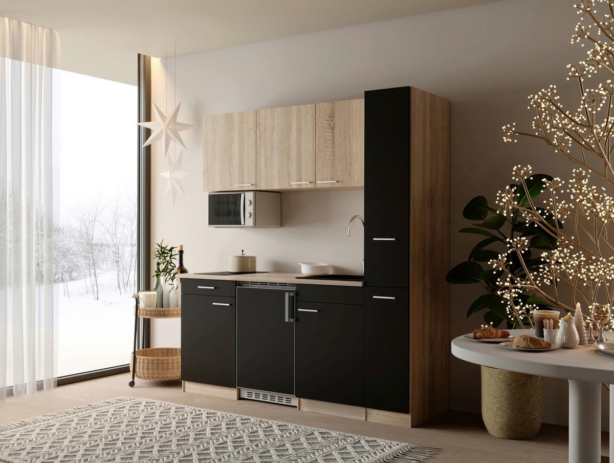Küchenblock Ingrid m. Geräten Schwarz - Eichefarben/Schwarz, Design, Holzwerkstoff/Kunststoff (180cm) - Respekta