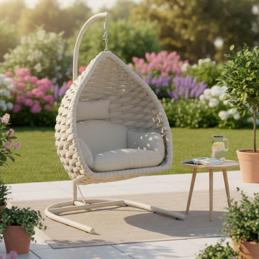 Hängesessel Sasa Creme Outdoorstoff/Metall/Kunststoff - Creme, MODERN, Kunststoff/Textil (115/200/118cm) - Bessagi Garden