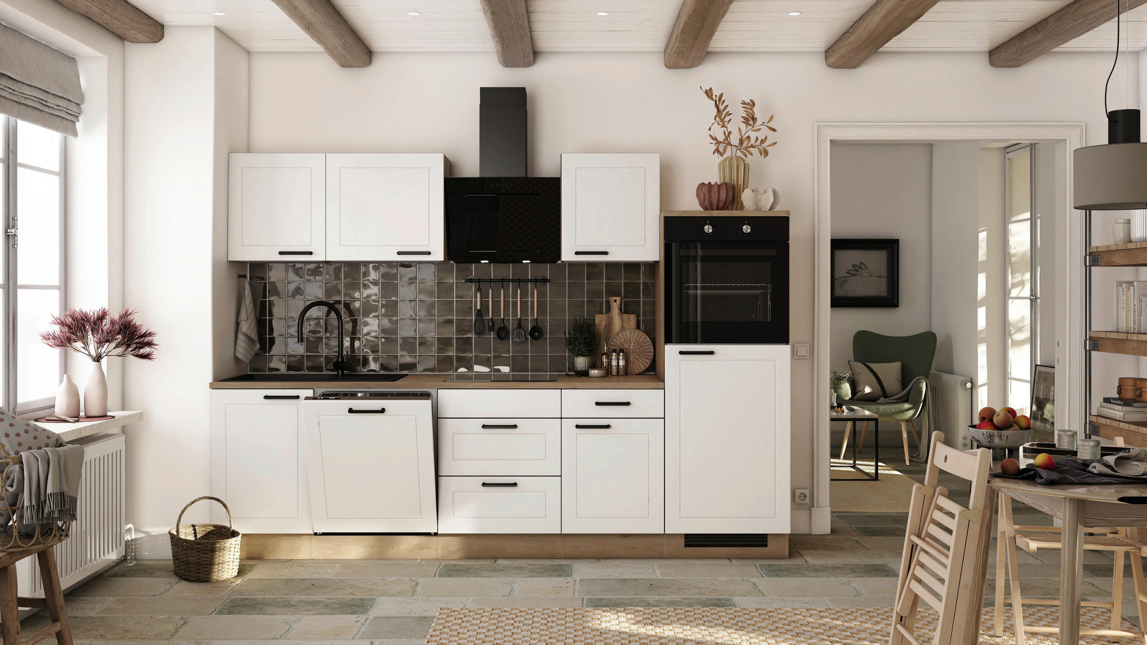 Kuhinjski Blok Brez Aparatov Julia, Bela, Barva Hrasta - črna/barve hrasta, Basics, kovina/leseni material (280cm) - FlexWell