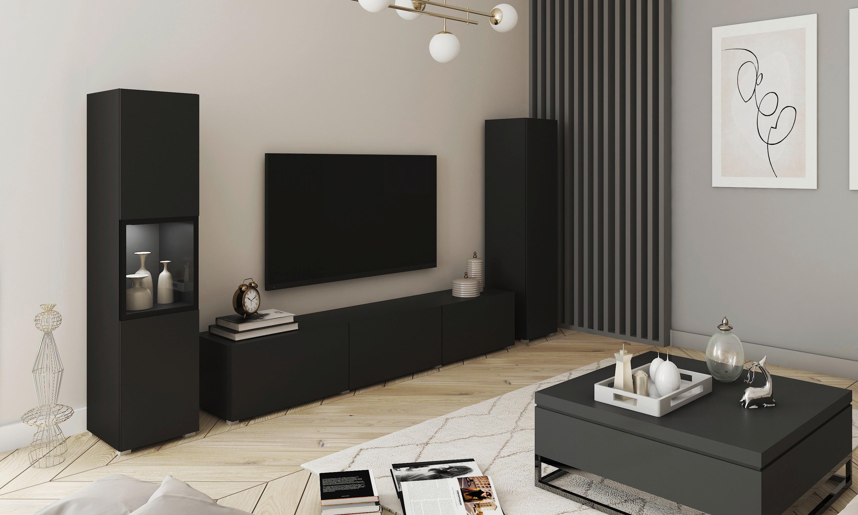 Dnevni Regal Berlin Iii, Črna Mat, Osvetlitev, 3-Delni - črna/siva, Design, steklo/leseni material (240/130/31cm) - MID.YOU