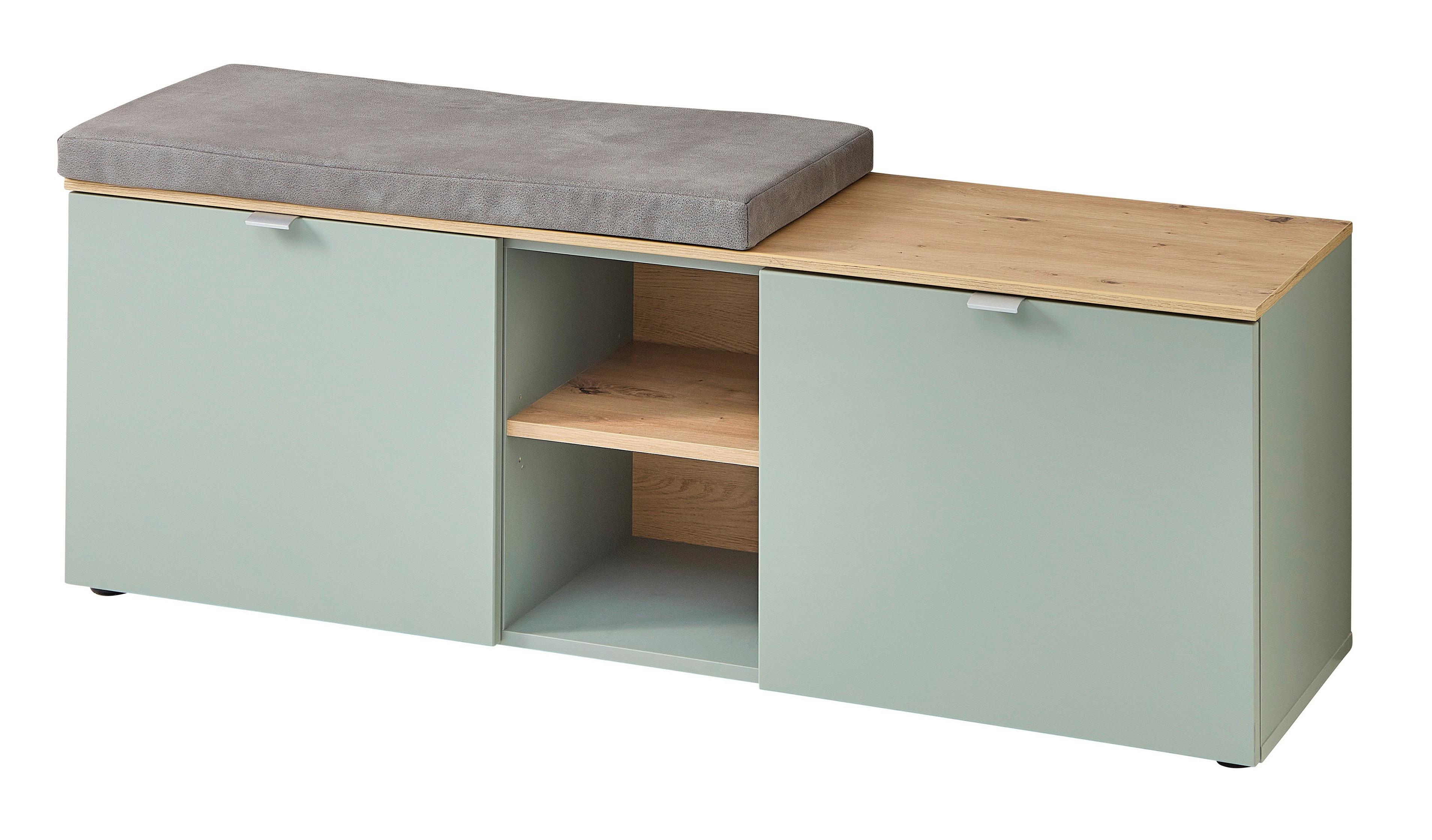 Garderobenbank Bari Eiche Artisan/schilfgrün - Schilfgrün/Silberfarben, Modern, Holzwerkstoff/Metall (128/50/38cm)