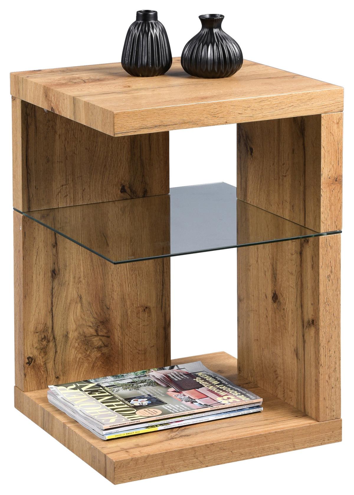 STOLIK BOCZNY DOMINGO - kolor dębowy, Basics, materiał drewnopochodny/szkło (40/40/60cm) - Xora