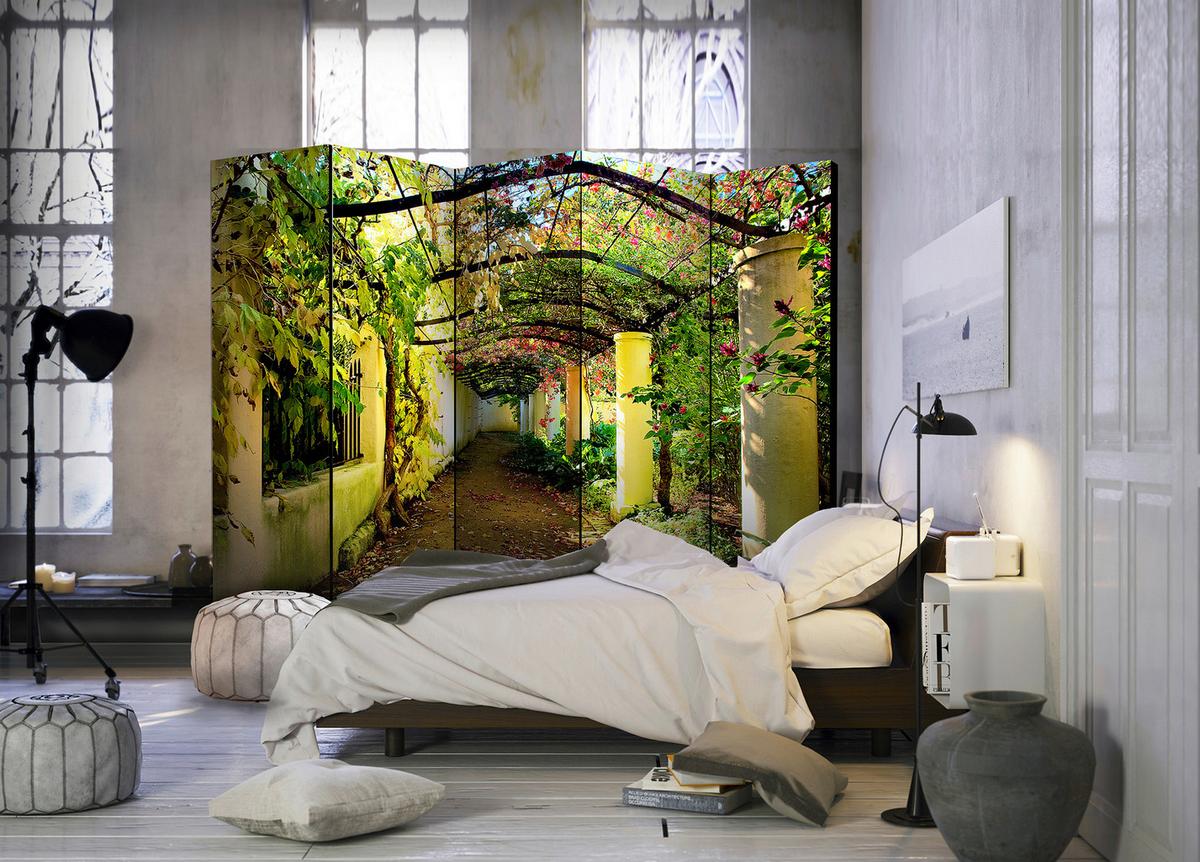 Paravan Romantic Garden I, 5-Delni, Dvostranski - zelena/rjava, Basics, tekstil/les (225/172/3cm) - artgeist