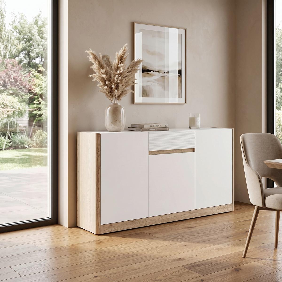 Široka Komoda Calima, Bela, Barva Hrasta - črna/barve hrasta, Konvencionalno, umetna masa/leseni material (145,6/80,5/40,3cm) - Modern Living