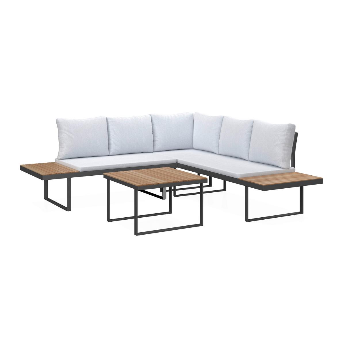 Loungegarnitur Elia Grau Outdoorstoff/Metall/Holz - Hellgrau, MODERN, Holz/Textil (236,5/75/236,5cm) - Bessagi Garden
