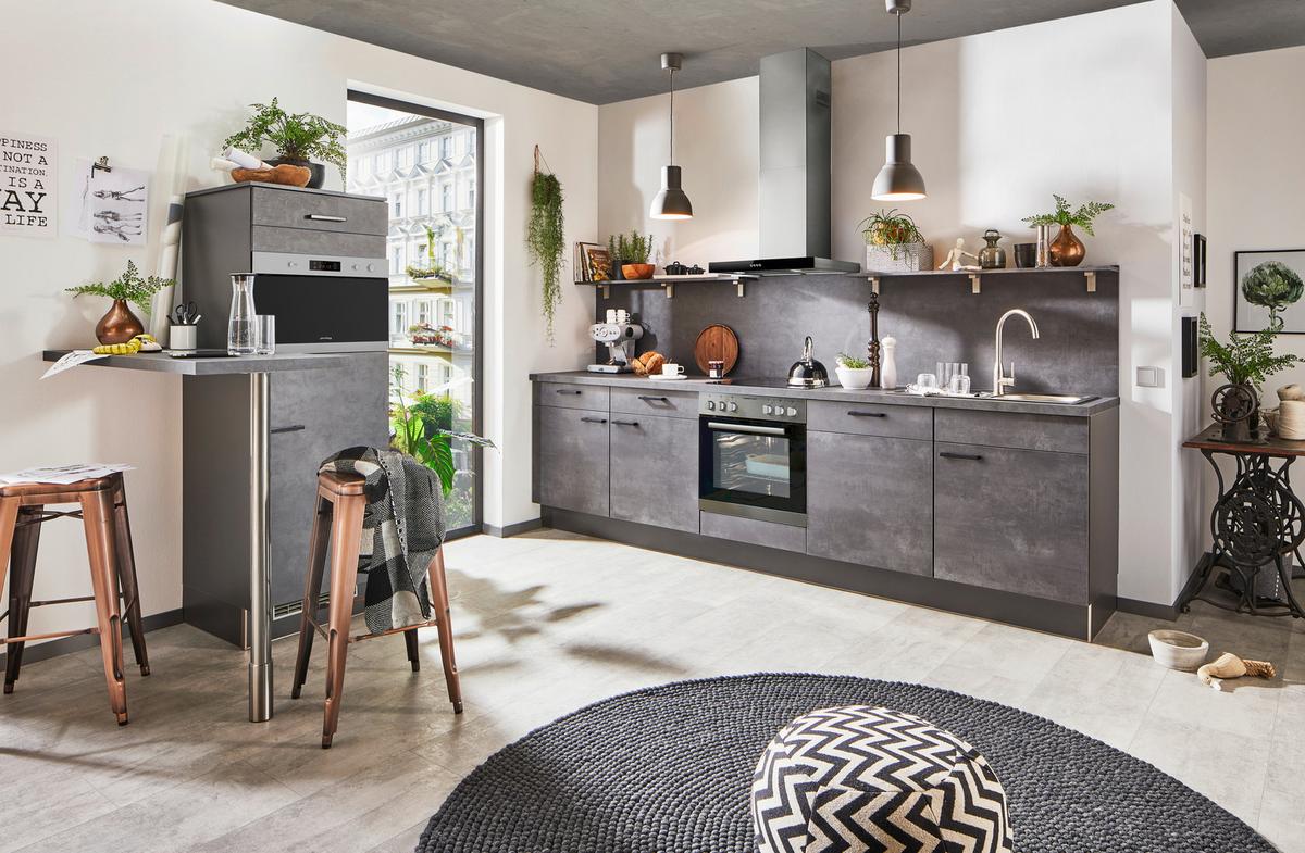 Einbauküche inkl. 5 E-Geräte PN 100 in Beton Graphit - Graphitfarben/Schwarz, MODERN (120/300cm) - Pino