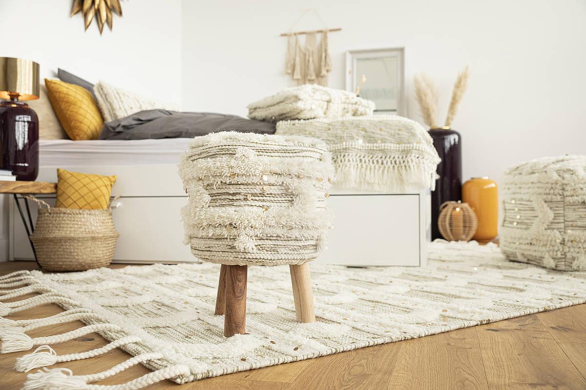 Hocker Bohist ca. 38x50 cm Creme/Khaki - Creme/Olivgrün, Trend, Holz/Textil (38/50/38cm) - Kayoom