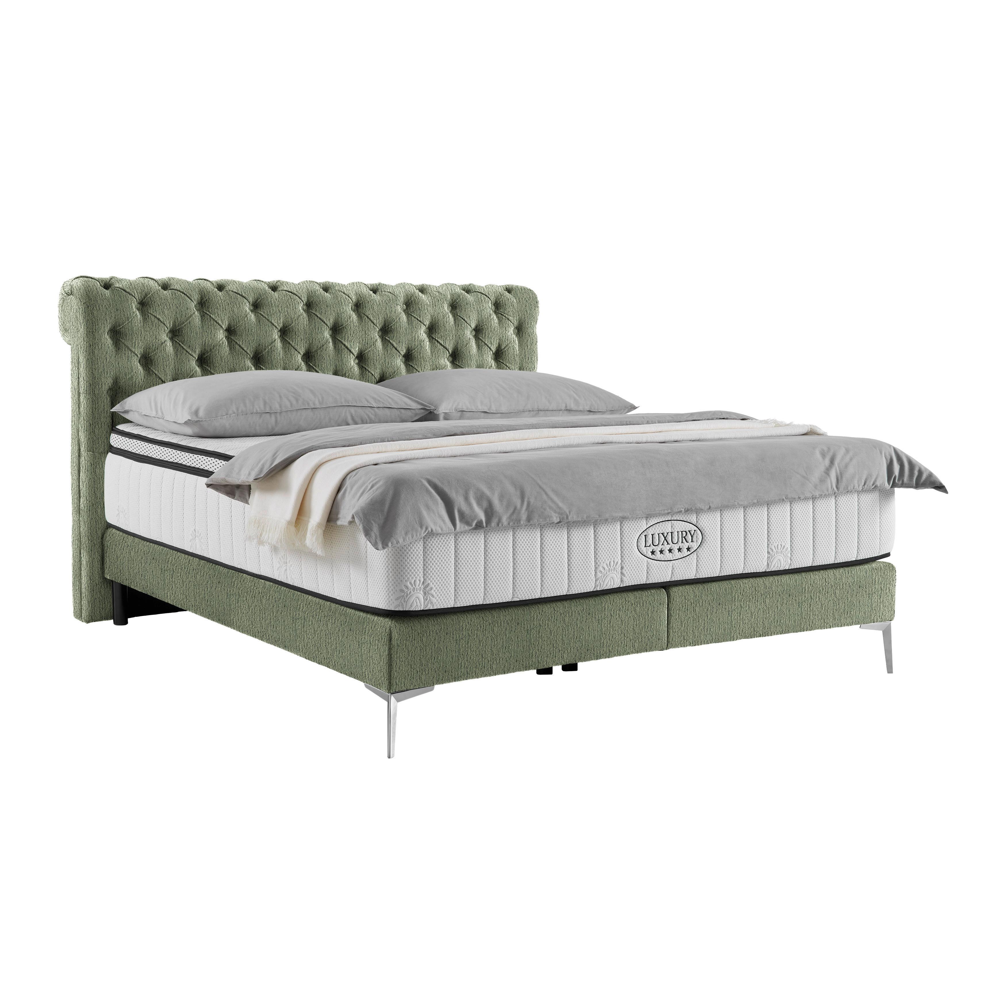 Boxspringbett Queen in Olivgrün ca. 180x200cm - Chromfarben/Goldfarben, KONVENTIONELL, Textil (180/200cm) - Premium Living
