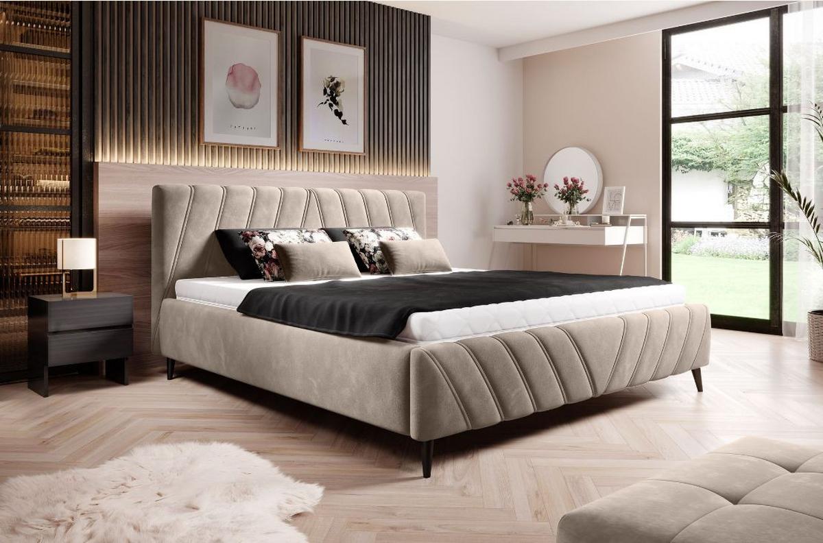 ŁÓŻKO TAPICEROWANE MELLI 180 - beżowy/czarny, Design, drewno/tkanina (180/200cm)