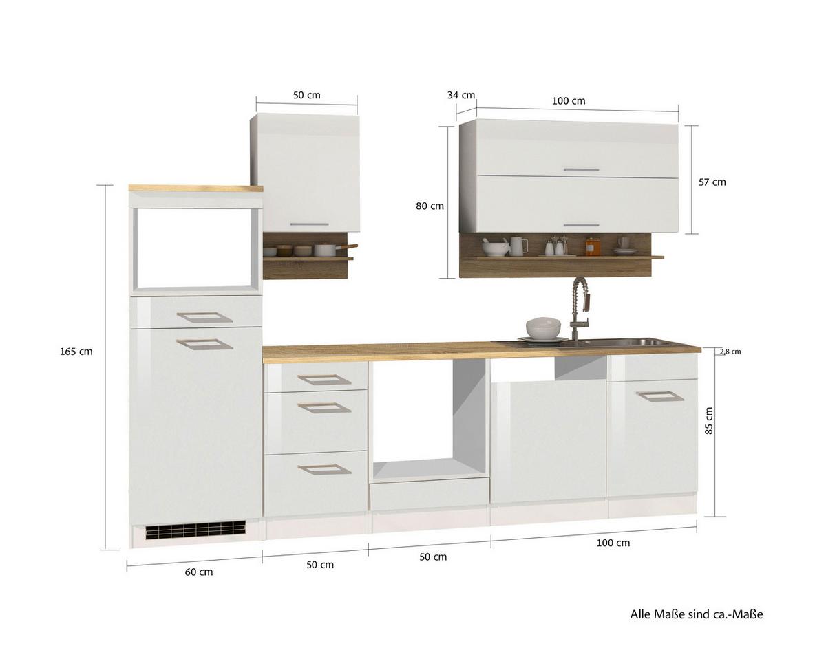 Küchenleerblock Mailand o. Geräte Weiß Hochglanz - Weiß Hochglanz/Silberfarben, MODERN, Glas/Holzwerkstoff (280cm) - Held