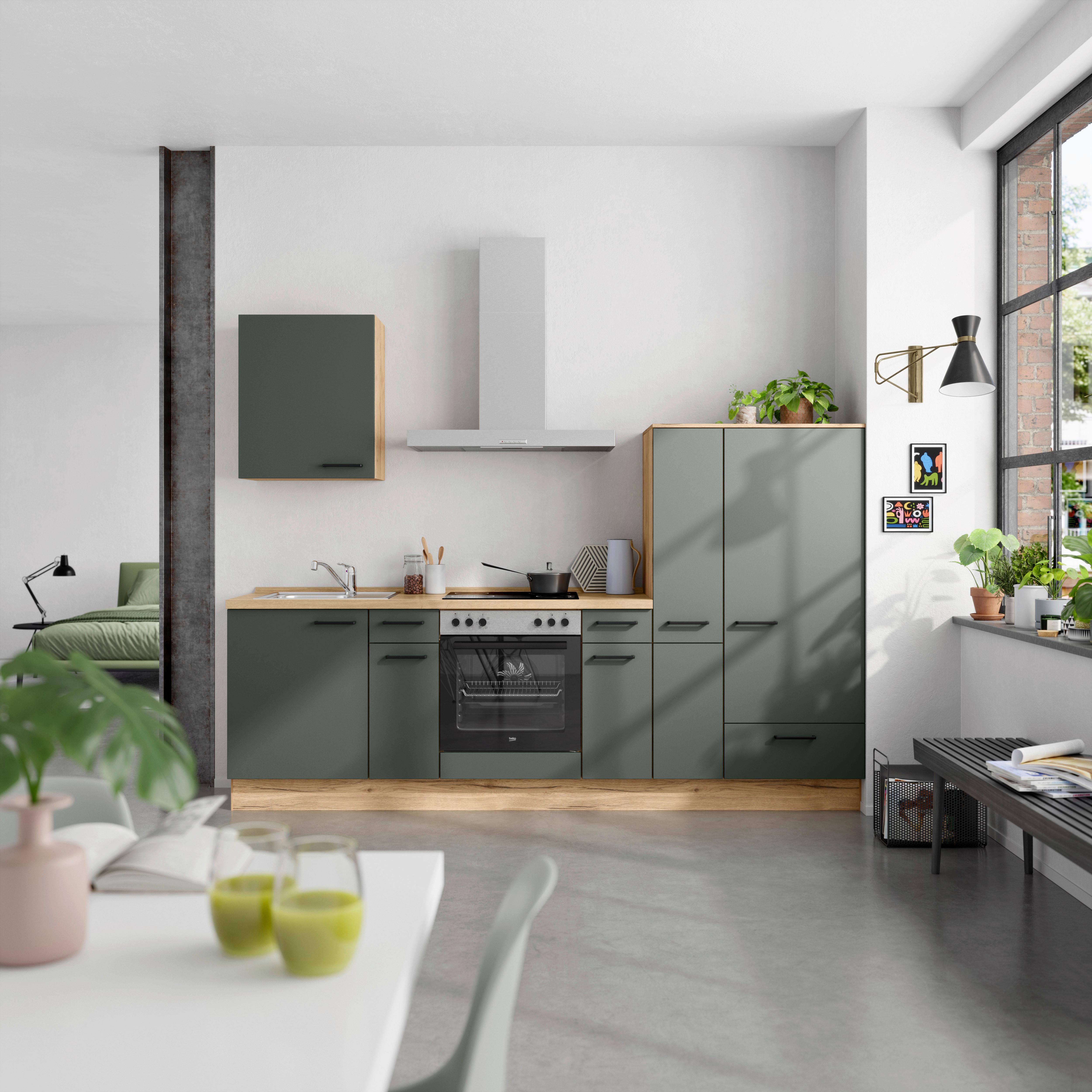 Küchenblock Easytouch Low m. Geräten Dunkelgrün - Dunkelgrün/Eichefarben, MODERN, Holzwerkstoff/Metall (270cm) - Nobilia