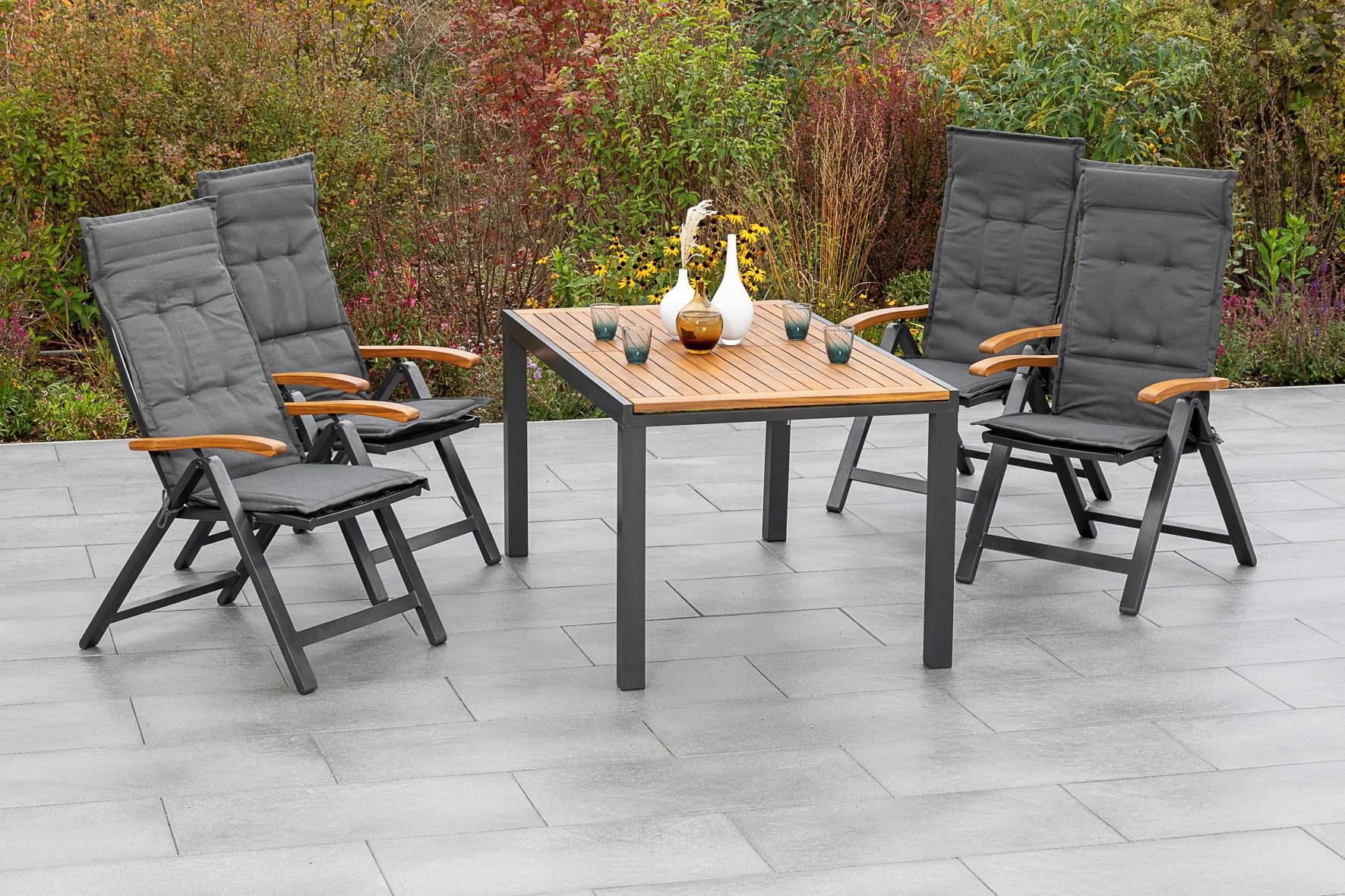 Gartenmöbel Set 9-tlg. Tilos aus Echtholz - Schwarz/Grau, KONVENTIONELL, Holz/Textil - Gardenson