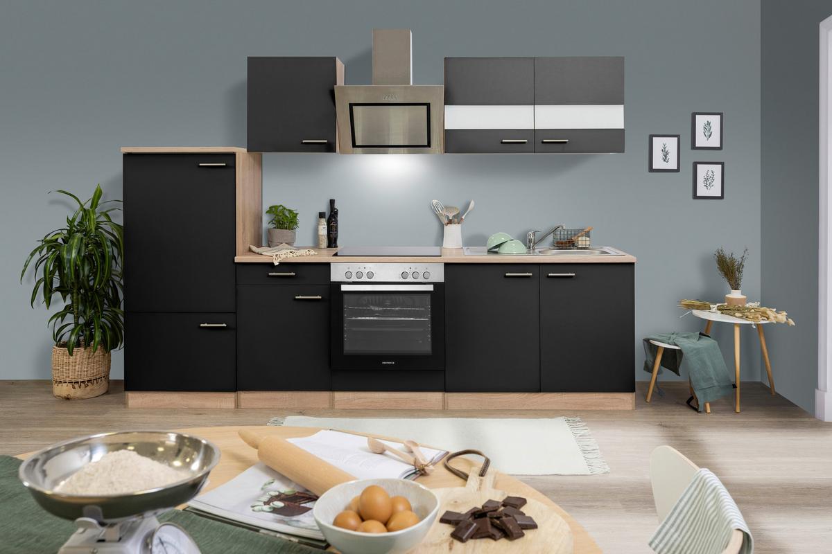 Küchenblock Merle mit Geräten ca. 270 cm Schwarz - Edelstahlfarben/Eichefarben, Basics, Holzwerkstoff/Metall (270cm) - Respekta