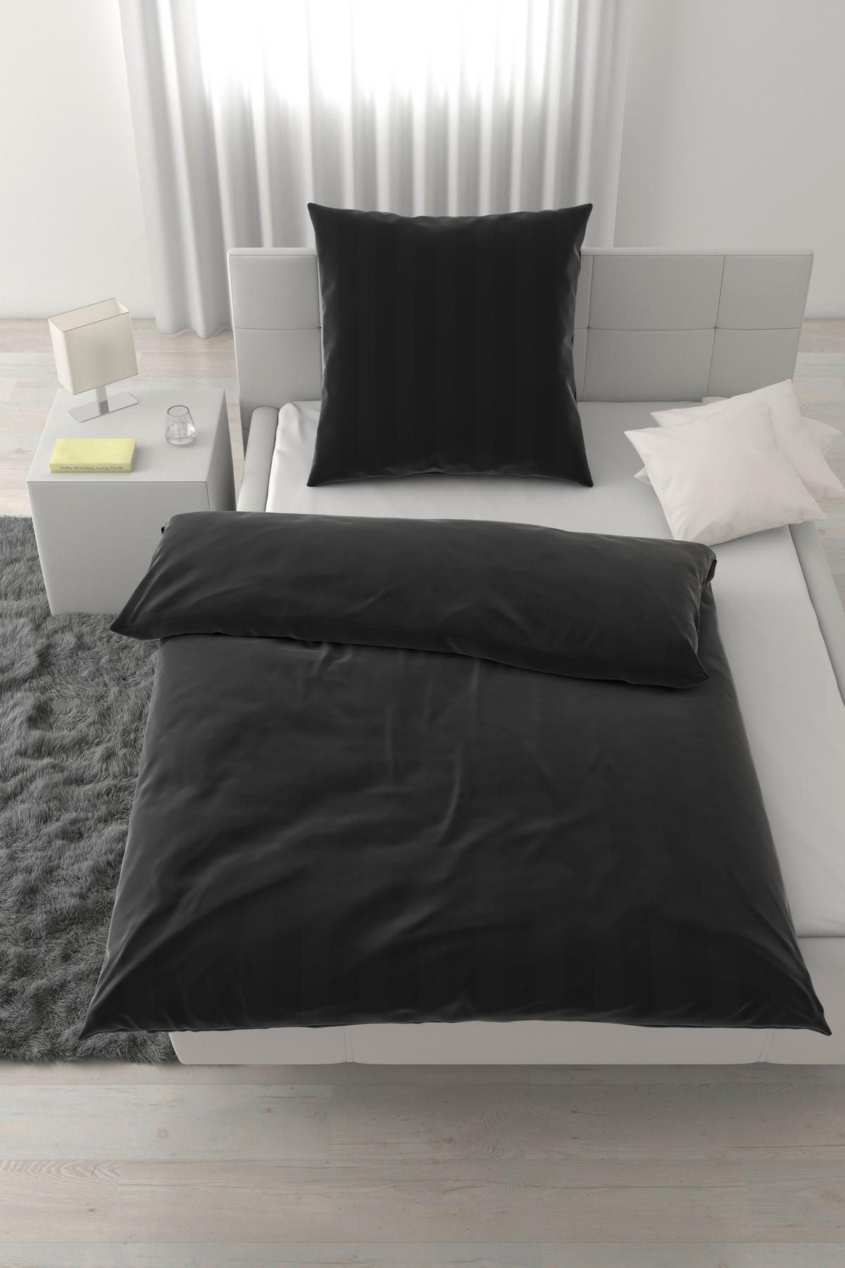 Bettwäsche Xenia Streif XL Schwarz ca. 155x220cm - Schwarz, MODERN, Textil (155/220cm) - Premium Living