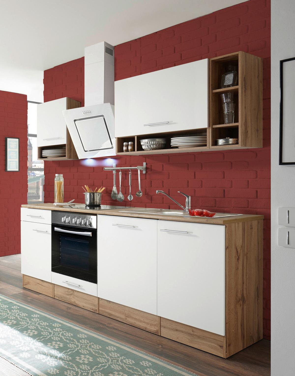 Küchenzeile Economy o. Geräte Weiß/Wildeiche  B: ca. 220 cm - Wildeiche/Silberfarben, Basics, Holzwerkstoff/Metall (220/205/60cm) - Respekta