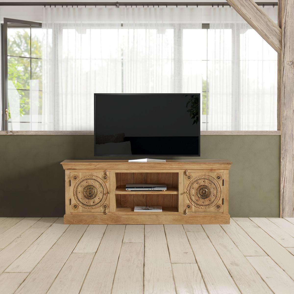 Lowboard Amila Natur/Gold aus Mangoholz, Messing Dekor - Goldfarben/Naturfarben, LIFESTYLE, Holz/Metall (180/65/40cm) - Premium Living
