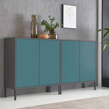 Sideboard Mailand Set 2 Anthrazit/Petrol - Anthrazit/Petrol, MODERN, Holzwerkstoff/Metall (158/86/33cm) - MID.YOU