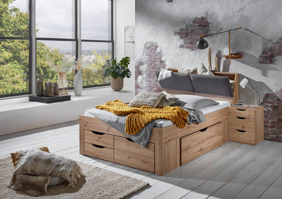 ŁÓŻKO ZE SCHOWKAMI MAXI - dąb artisan/szary, Konventionell, materiał drewnopochodny/tkanina (140/200cm) - Carryhome