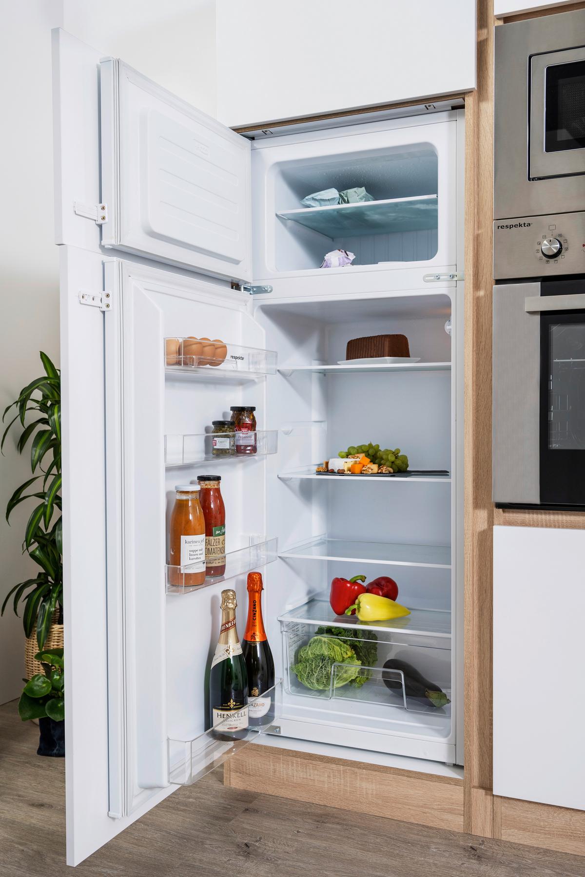 Küchenzeile Premium m. Geräte Weiß/Eiche B: ca. 395 cm - Eichefarben/Weiß Hochglanz, Basics, Holzwerkstoff (395cm) - Respekta