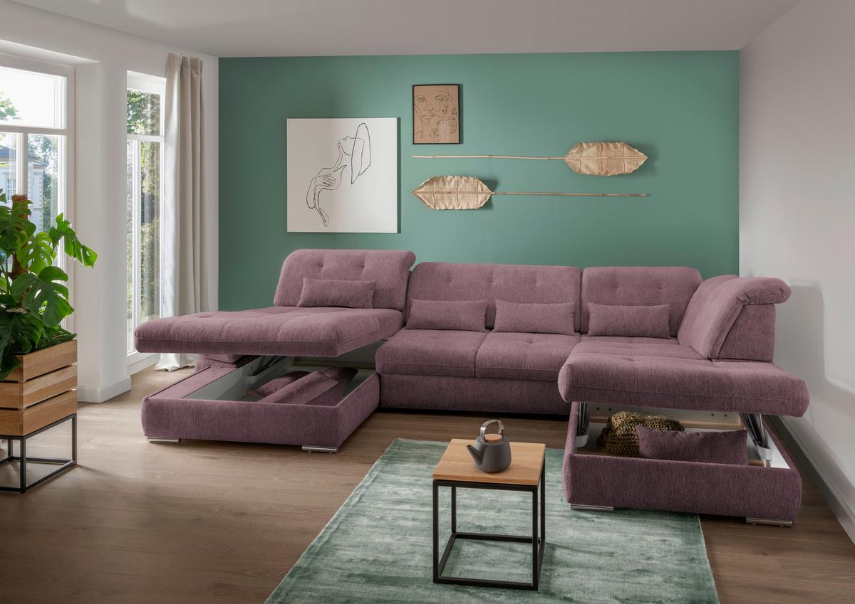 Wohnlandschaft Dalida Brombeere Chenille - Chromfarben/Brombeere, Design, Textil/Metall (195/376/254cm) - Livetastic