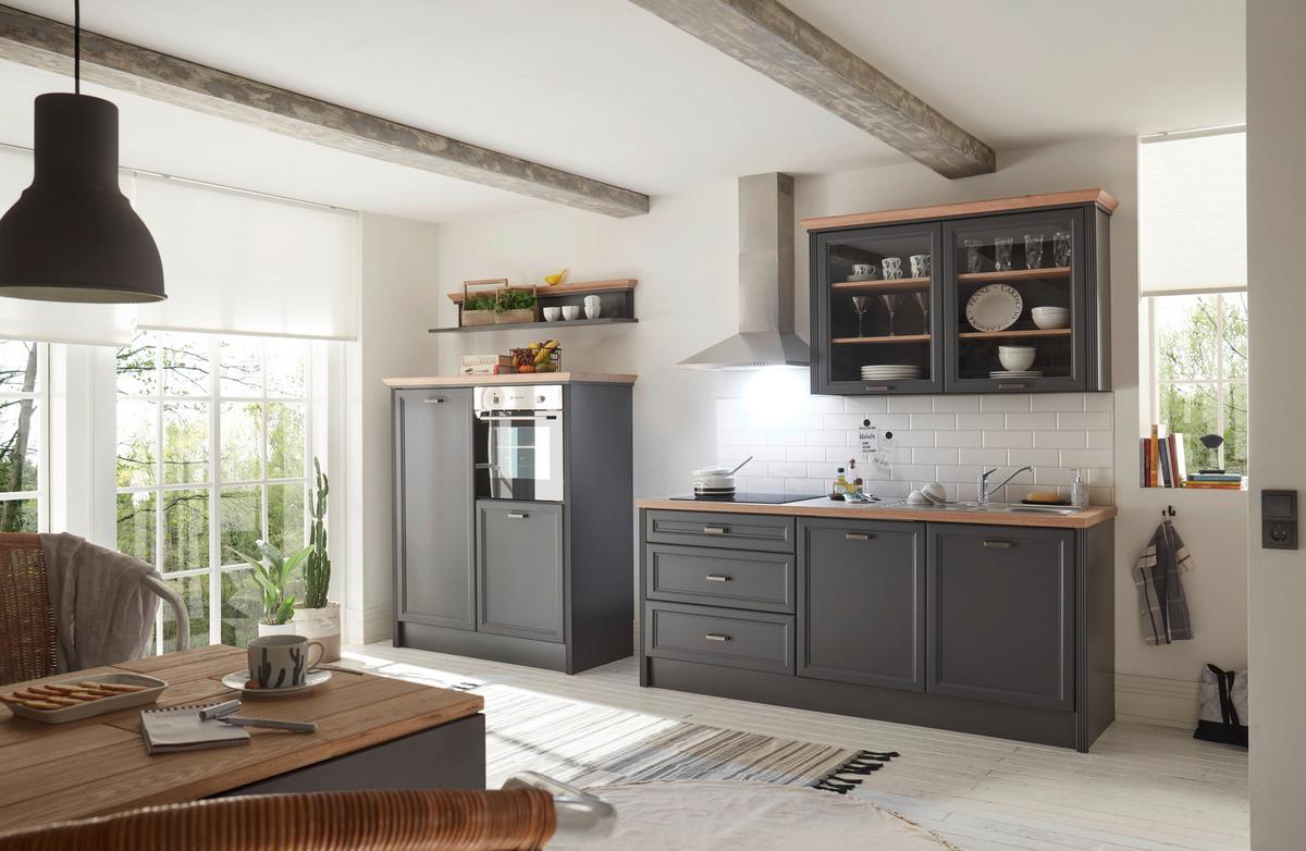 Küchenblock Jasmit mit Geräten ca. 210 cm Anthrazit/Eiche - Anthrazit/Eiche Artisan, ROMANTIK / LANDHAUS, Glas/Holzwerkstoff (210-134cm) - P & B