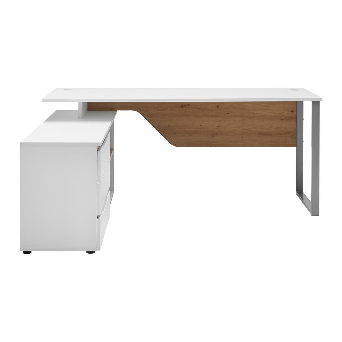 Eckschreibtisch Dallas Silber/Weiss/Eiche Artisan - Weiss/Silberfarben, Modern, Holzwerkstoff/Metall (180/77/160cm) - Mömax