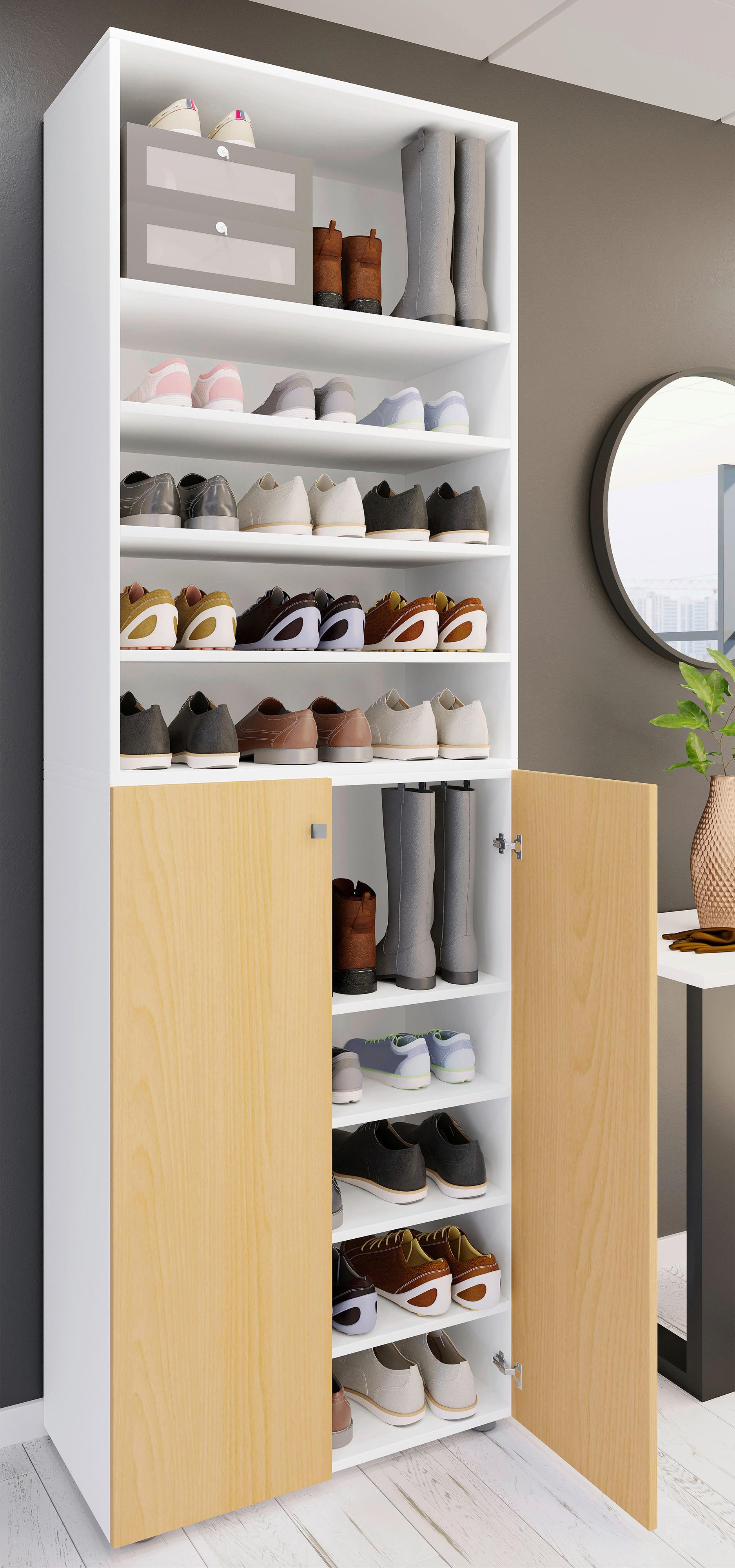 Schuhschrank LONA Weiß/ Buchefarben ca. 70x220x40 cm - Buchefarben/Silberfarben, Design, Holzwerkstoff/Kunststoff (70/220/40cm) - MID.YOU