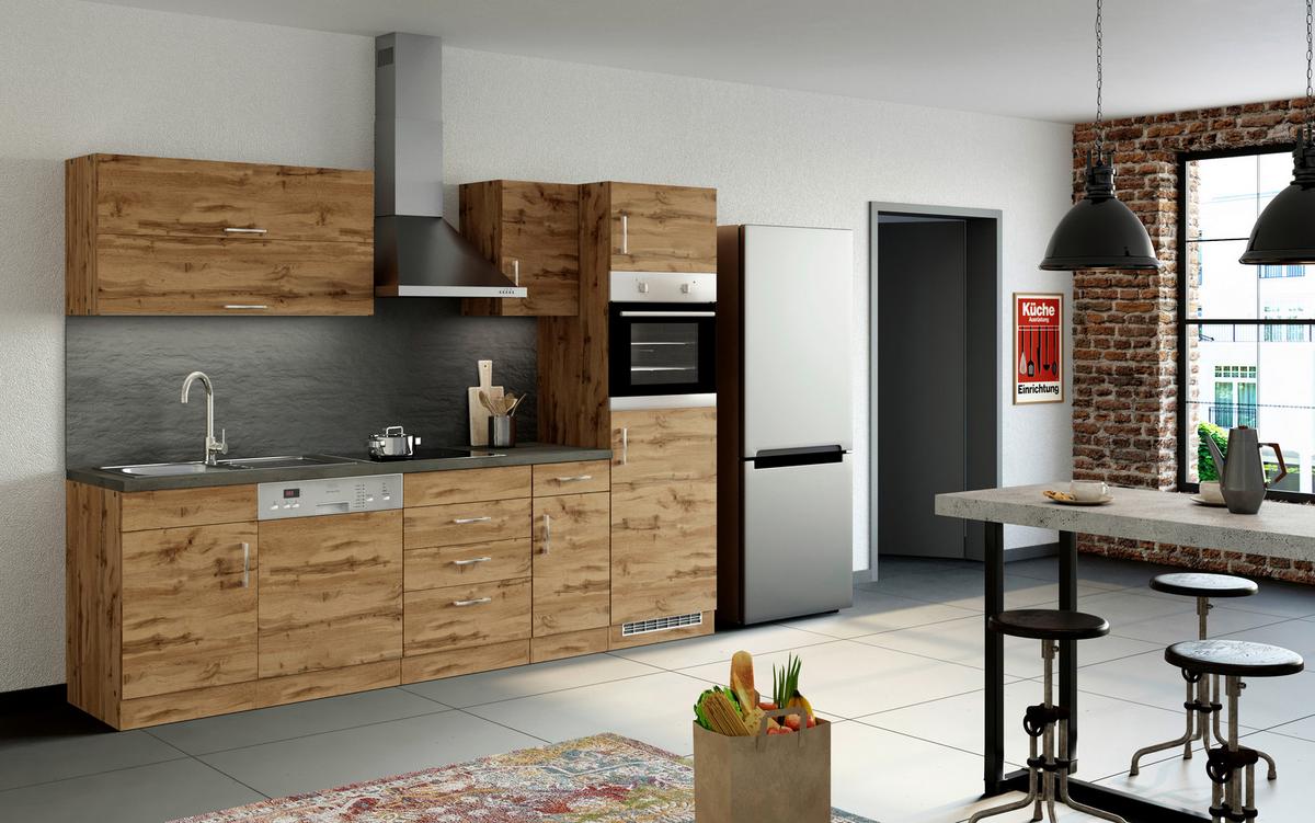 Küchenblock Sorrento mit Geräten ca. 270 cm Eichefarben - Chromfarben/Schieferfarben, MODERN, Holzwerkstoff/Metall (270cm) - Held