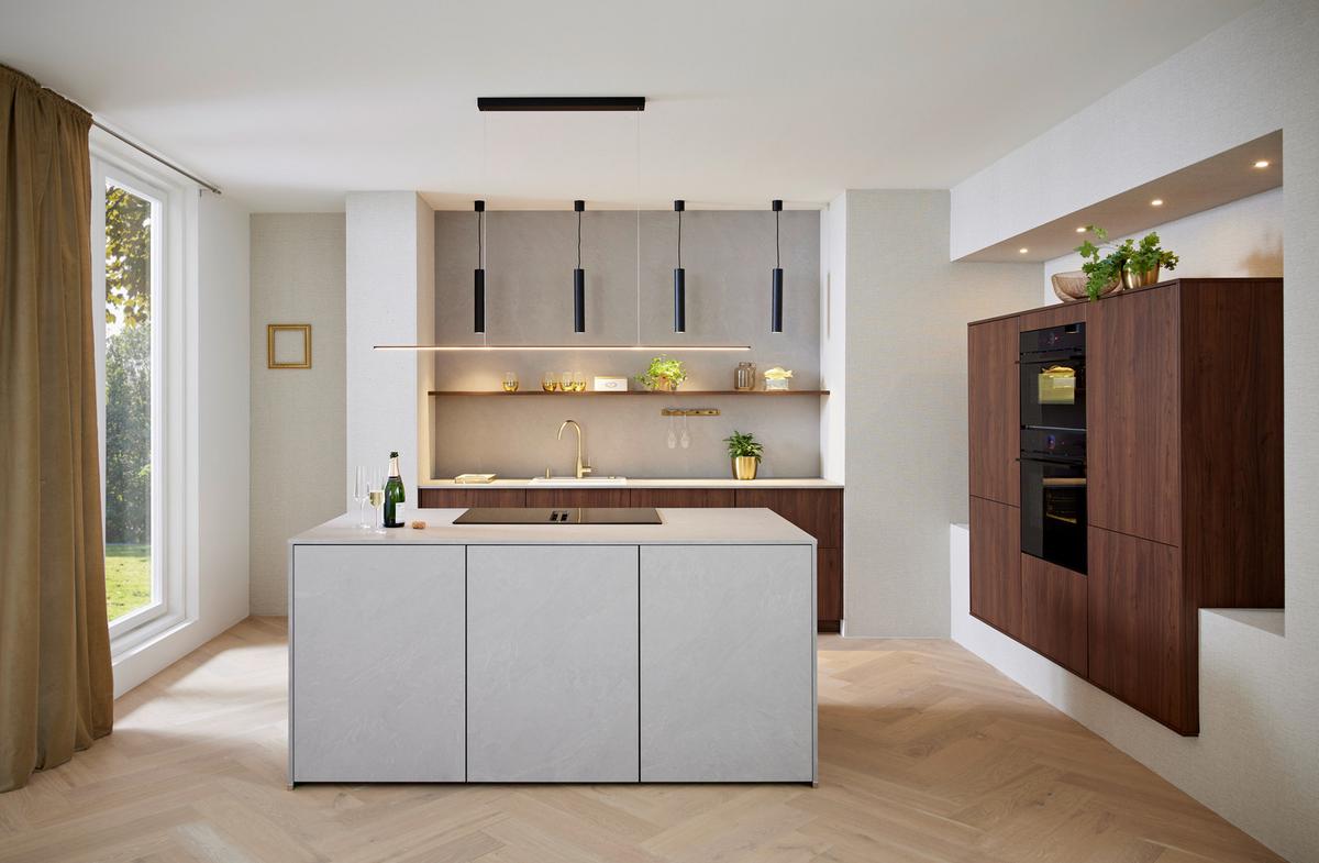 EINBAUKÜCHE RIVA/STONEART - Nussbaumfarben/Grau, Modern, Holzwerkstoff (243/185cm) - Nobilia