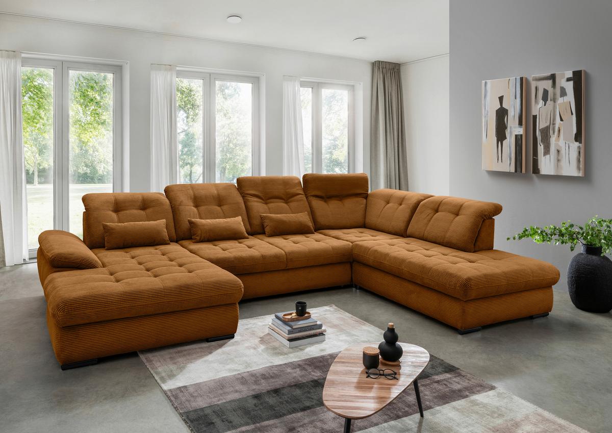 Wohnlandschaft Rigatti Gold Cord mit Bettkasten - Goldfarben/Schwarz, MODERN, Textil/Metall (184/387/252cm) - Livetastic