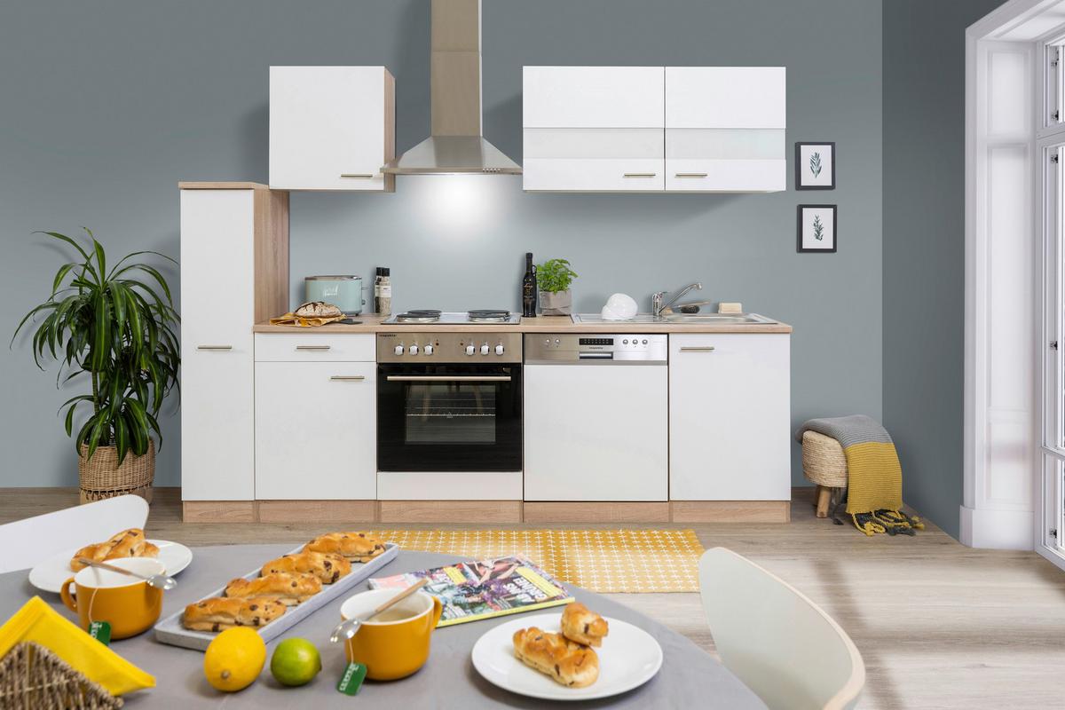 Küchenblock Merle mit Geräten ca. 250 cm Weiß - Edelstahlfarben/Eichefarben, Basics, Holzwerkstoff/Metall (250cm) - Respekta