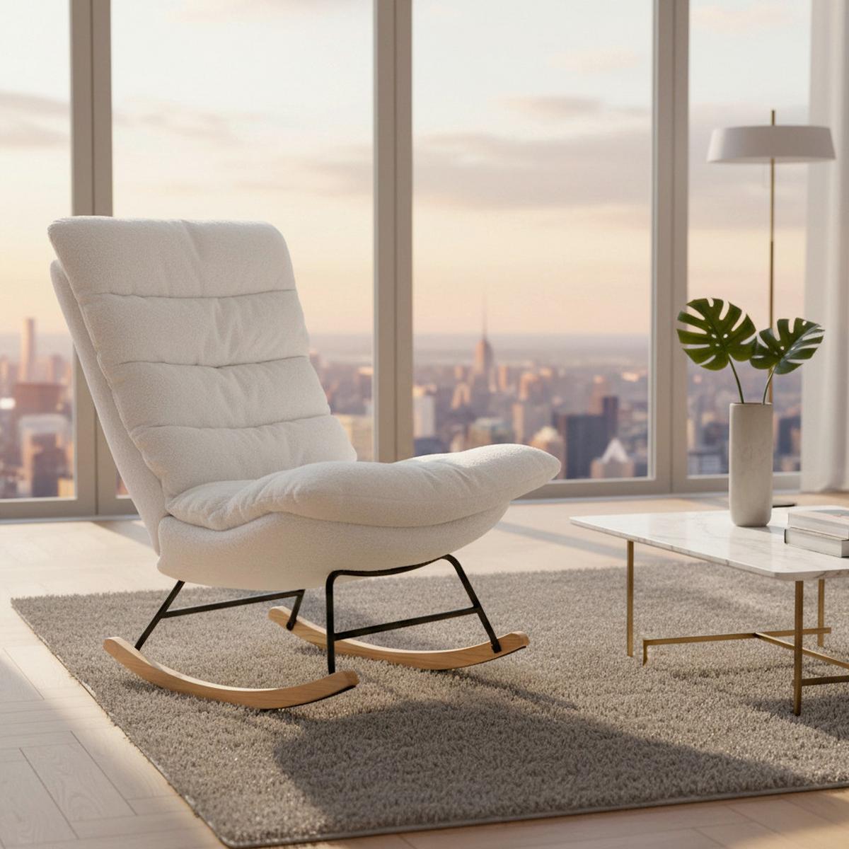 Schaukelsessel Devin Weiß Webstoff - Weiß/Naturfarben, MODERN, Holz/Textil (71/100/103cm) - Bessagi Home