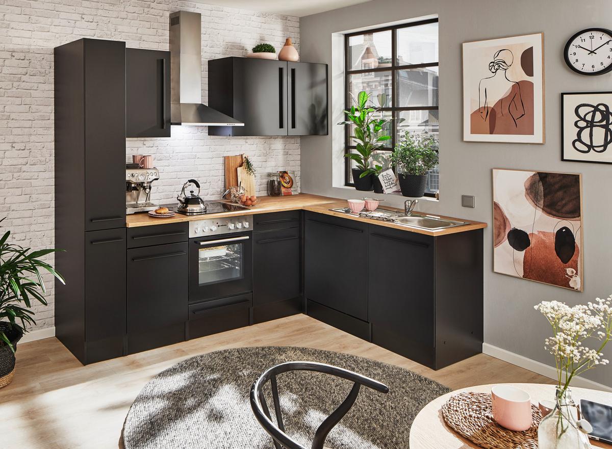 Eckküche Jazz mit Geräten ca.250x175cm Schwarz - Eichefarben/Schwarz, LIFESTYLE, Holzwerkstoff/Kunststoff (250/175cm) - P & B