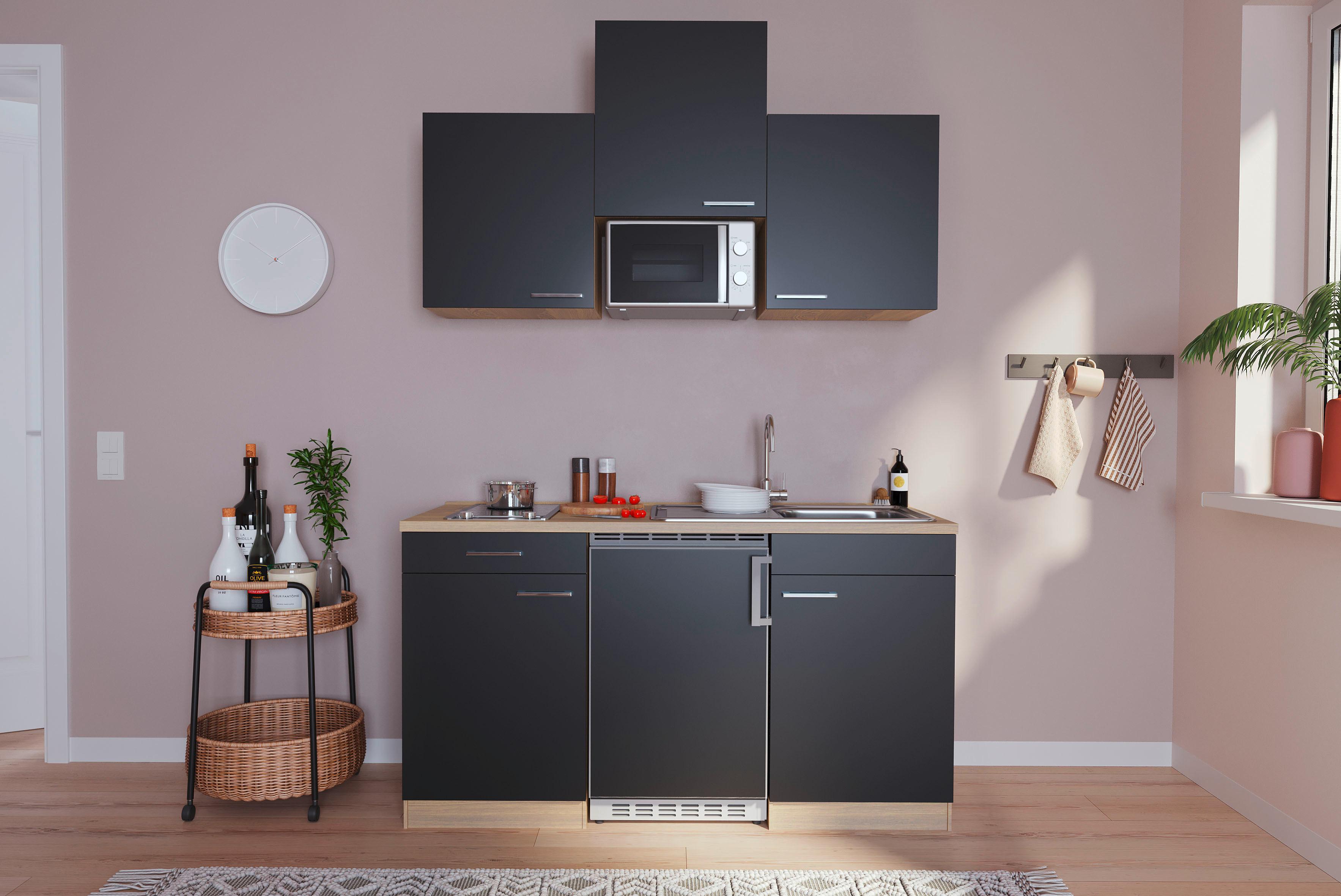 Minküche Economy m. Geräten B: ca. 150cm Schwarz/Eichenfarben - Eichefarben/Schwarz, Basics, Holzwerkstoff (150cm) - Respekta
