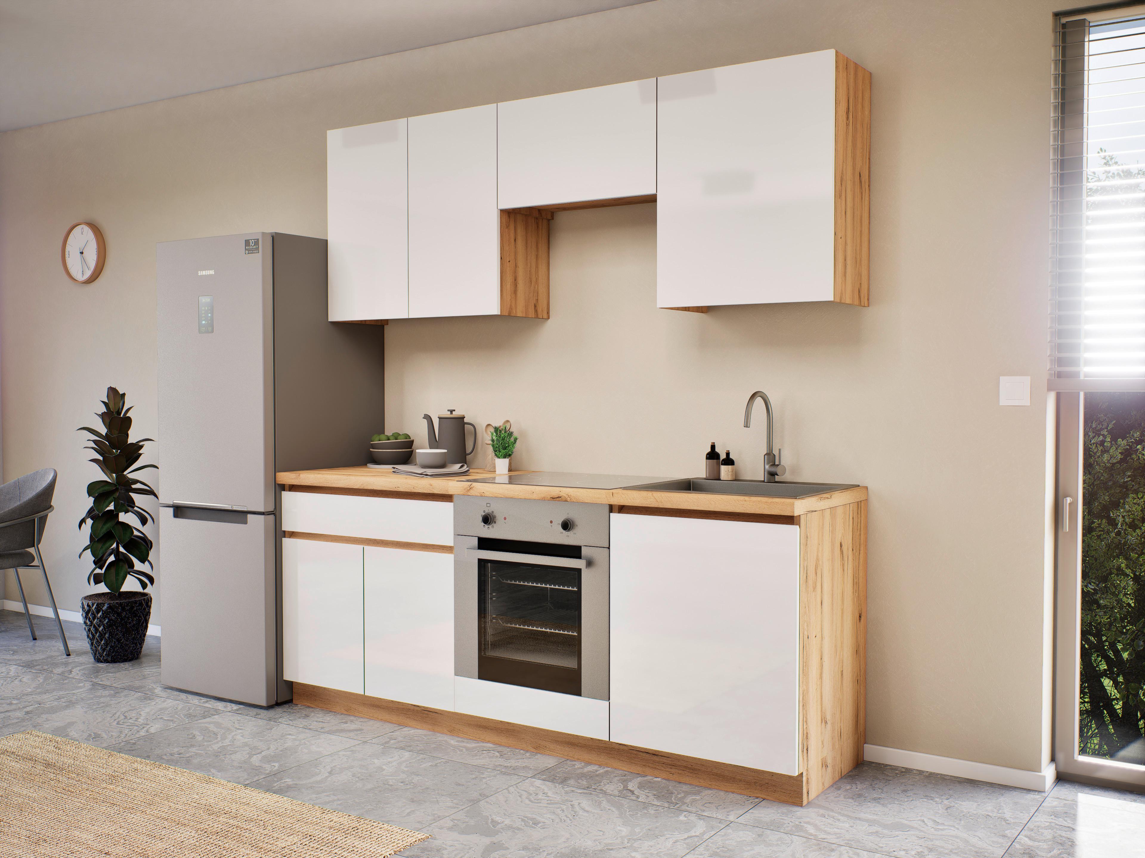 Konyhablokk Toscana - Artisan tölgy/magasfényű fehér, Modern, faalapú anyag (200cm)