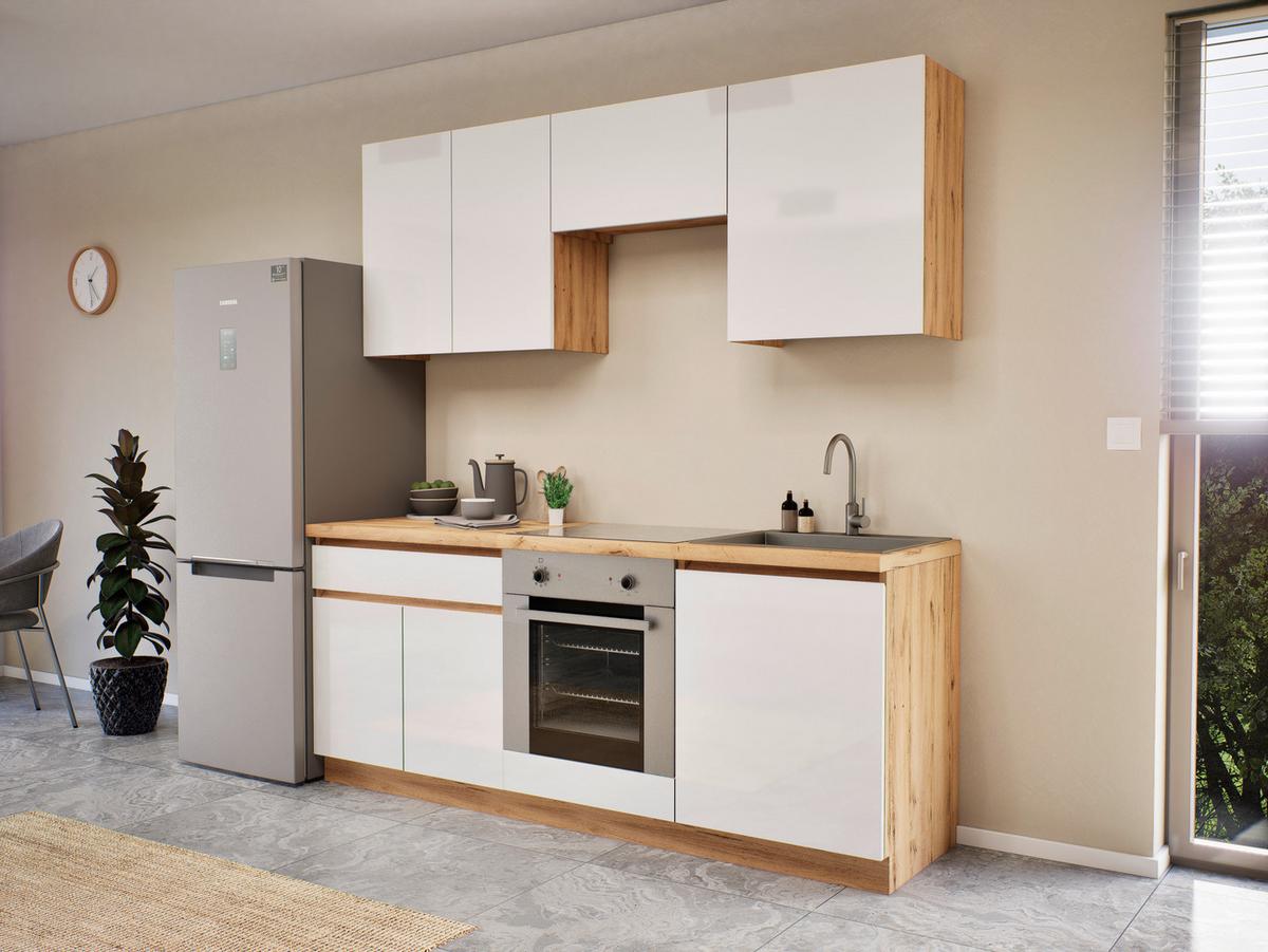 Konyhablokk Toscana - Artisan tölgy/magasfényű fehér, Modern, faalapú anyag (200cm)