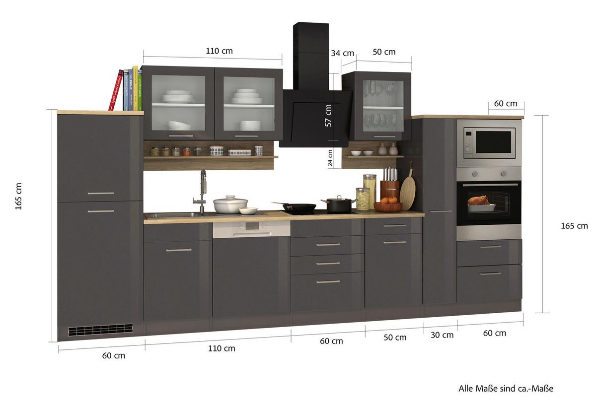 Küchenblock Mailand m. Geräten Graphitfarben - Silberfarben/Graphitfarben, MODERN, Glas/Holzwerkstoff (370cm) - Held