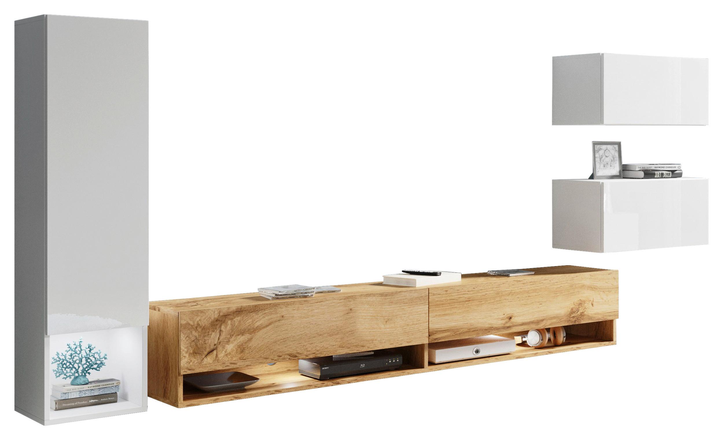 WOHNWAND AMADEO WEISS 4-TEILIG - Weiß Hochglanz/Eiche Wotan, LIFESTYLE, Holzwerkstoff (270/130/32,5cm) - P & B