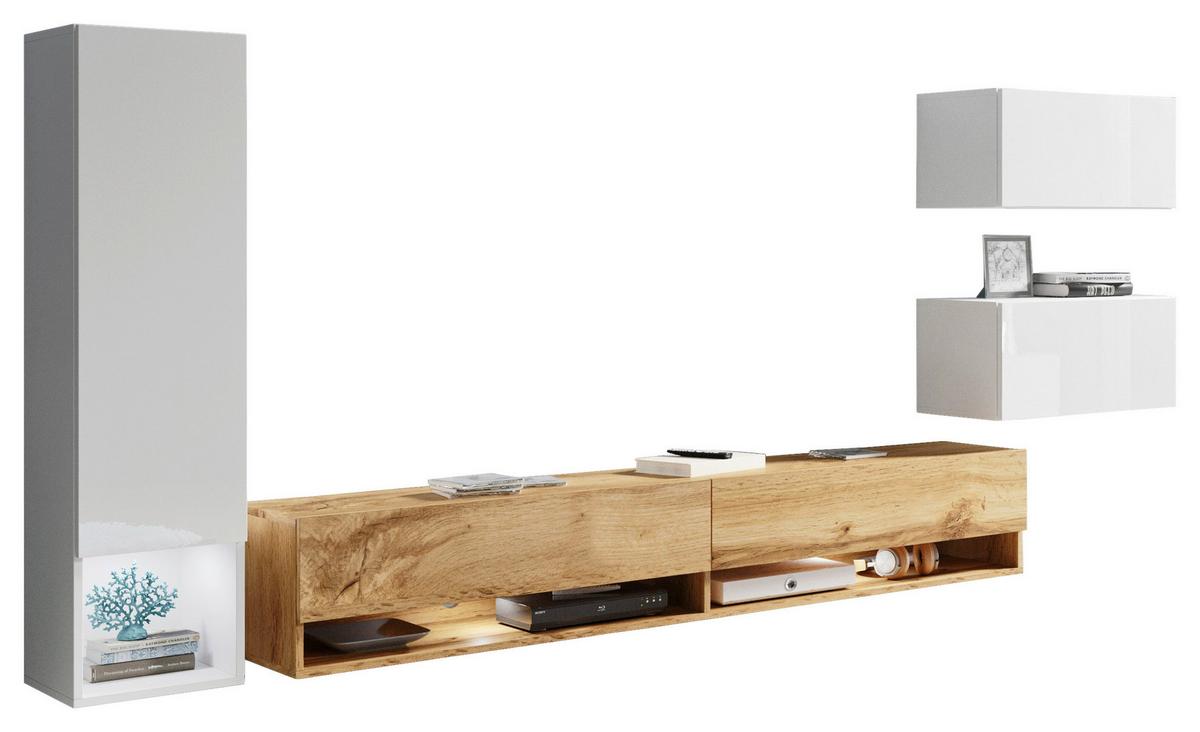 WOHNWAND AMADEO WEISS 4-TEILIG - Weiß Hochglanz/Eiche Wotan, LIFESTYLE, Holzwerkstoff (270/130/32,5cm) - P & B