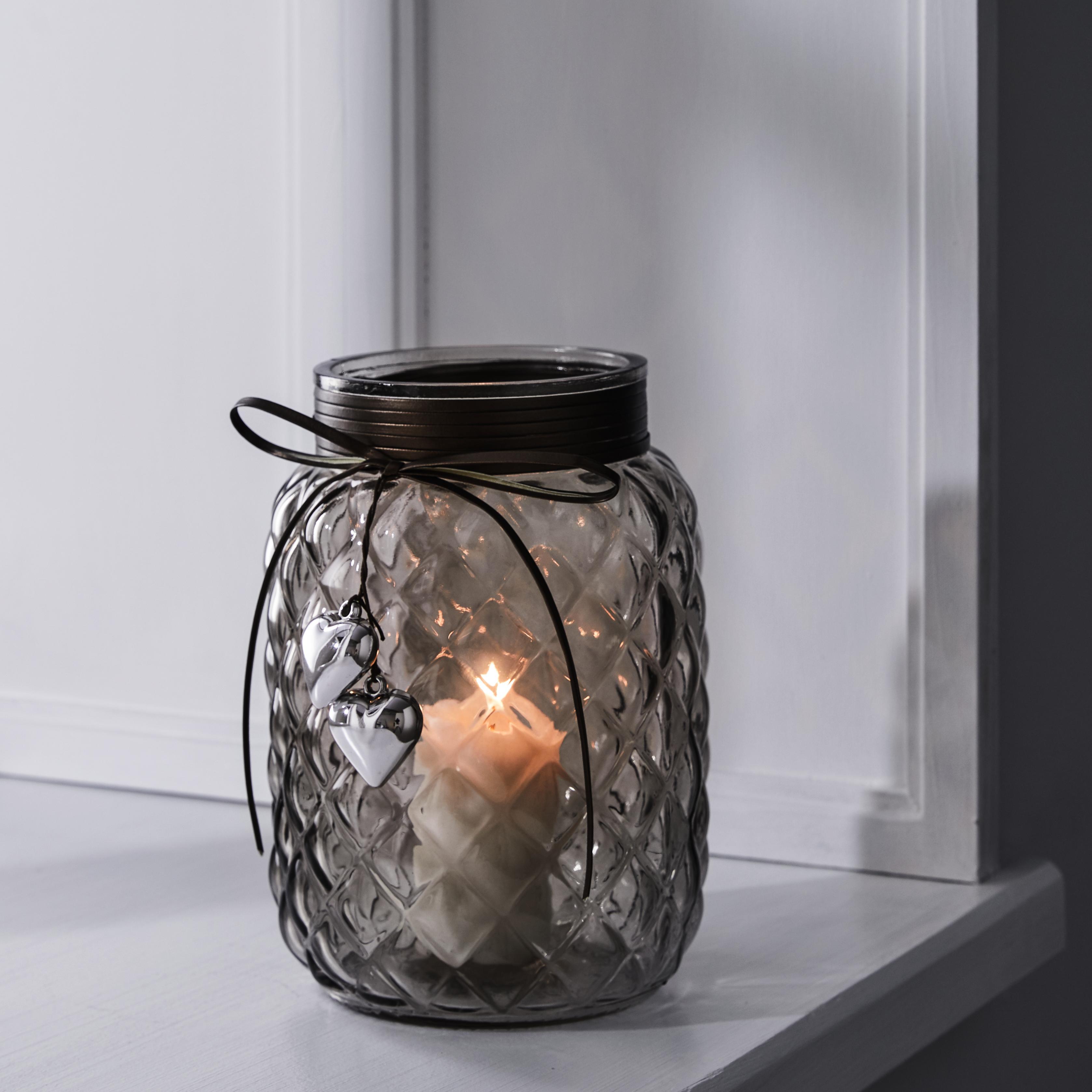 Windlicht in Hellgrau Ø/H ca. 14,5/20,5 cm 'Keno' - Hellgrau, MODERN, Glas (14,5/20,5cm) - Bessagi Home