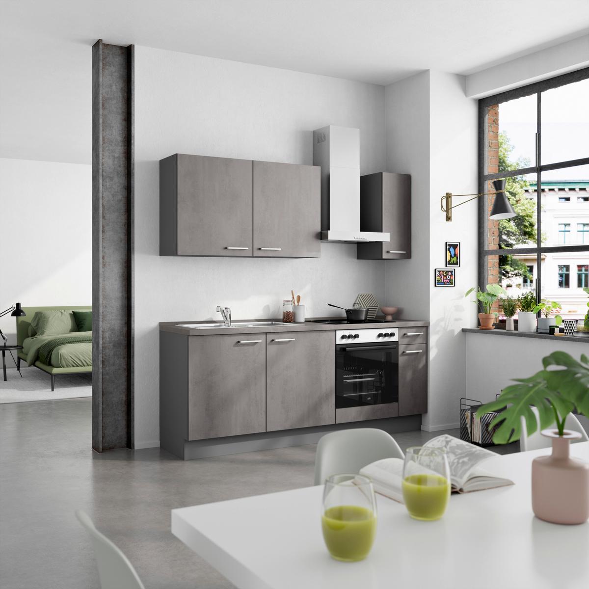 Küchenblock Riva Low m. Geräten Schieferfarben - Schieferfarben/Edelstahlfarben, MODERN, Holzwerkstoff/Metall (210cm) - Nobilia