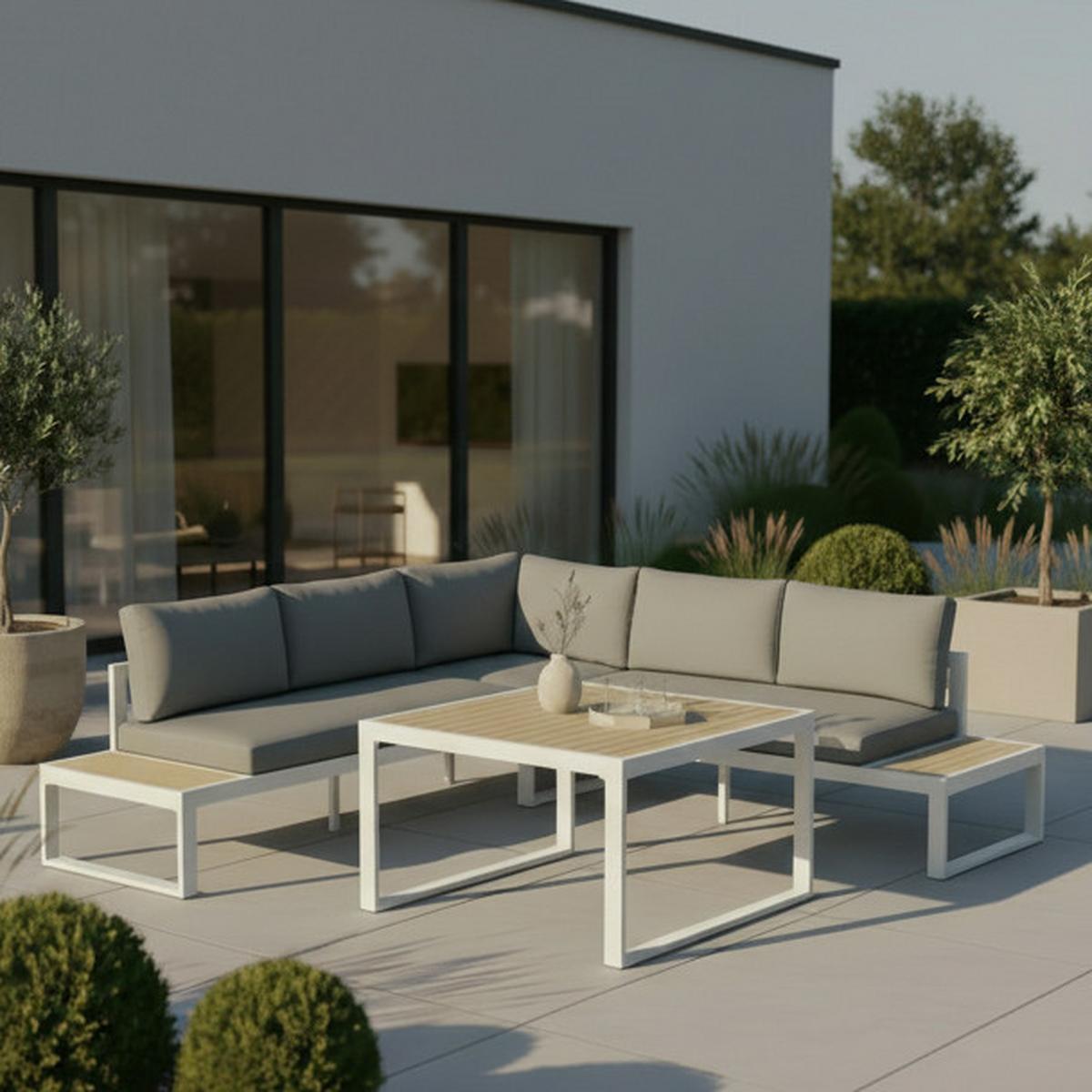 Dining-Loungeset Veneya Grau Outdoorstof/Metall/Polywood - Hellgrau/Naturfarben, MODERN, Kunststoff/Textil - Bessagi Garden